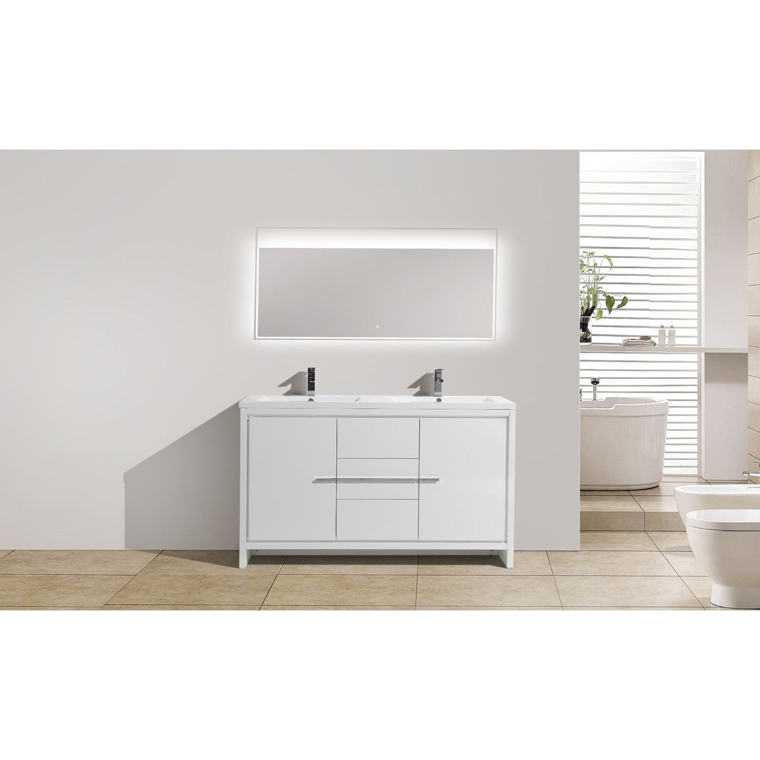 Amara 60&quot; High Gloss White Freestanding Vanity With Double Reinforced White Acrylic Sinks