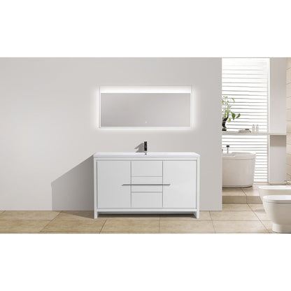 Amara 60&quot; High Gloss White Freestanding Vanity With Single Reinforced White Acrylic Sink