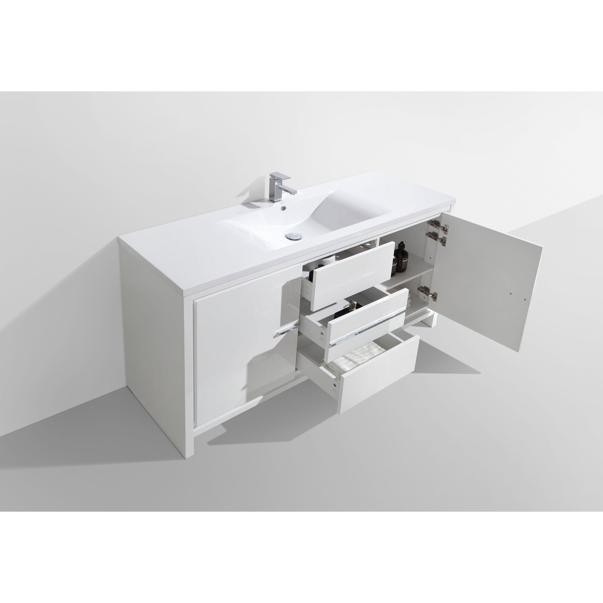 Amara 60&quot; High Gloss White Freestanding Vanity With Single Reinforced White Acrylic Sink