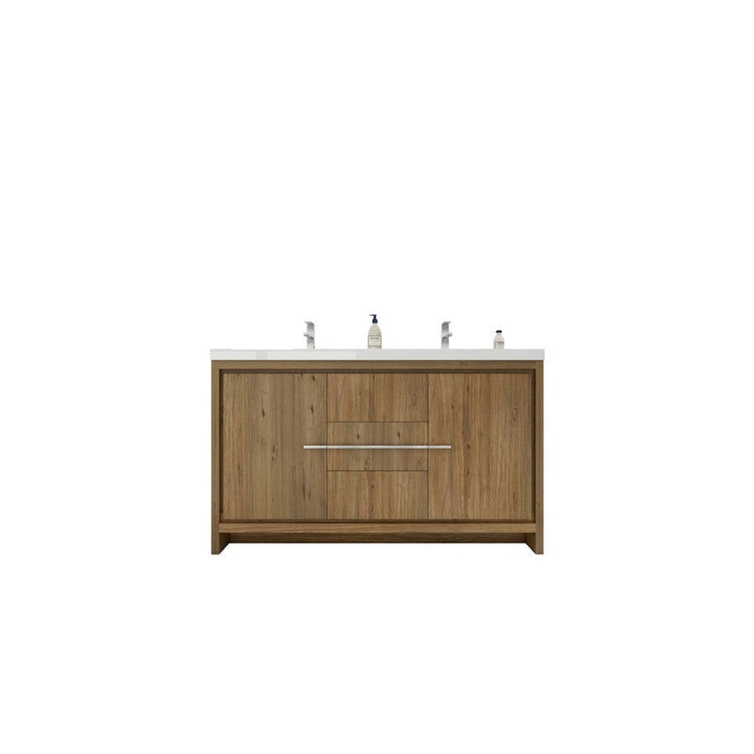 Amara 60&quot; Natural Oak Freestanding Vanity With Double Reinforced White Acrylic Sinks