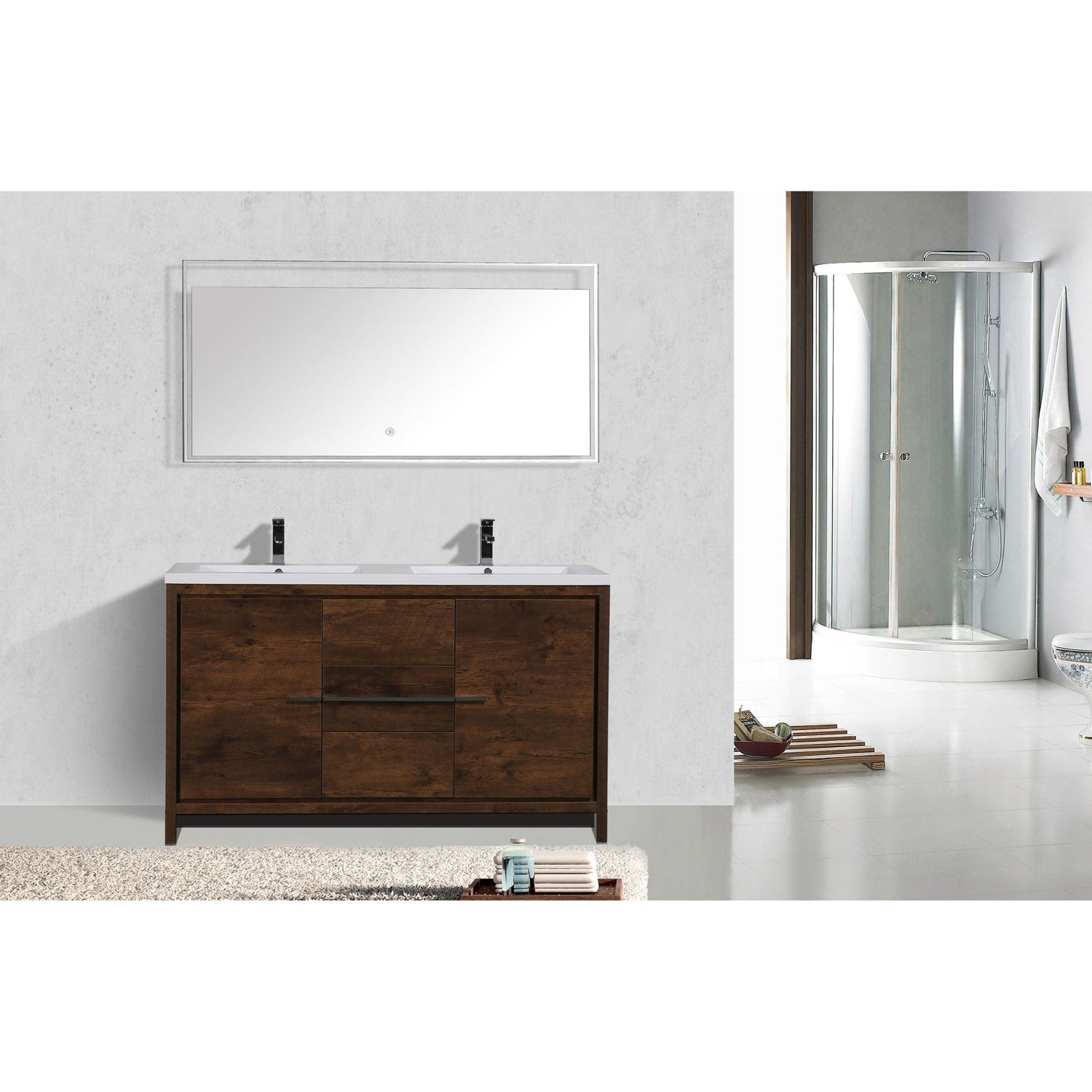 Amara 60&quot; Rosewood Freestanding Vanity With Double Reinforced White Acrylic Sinks