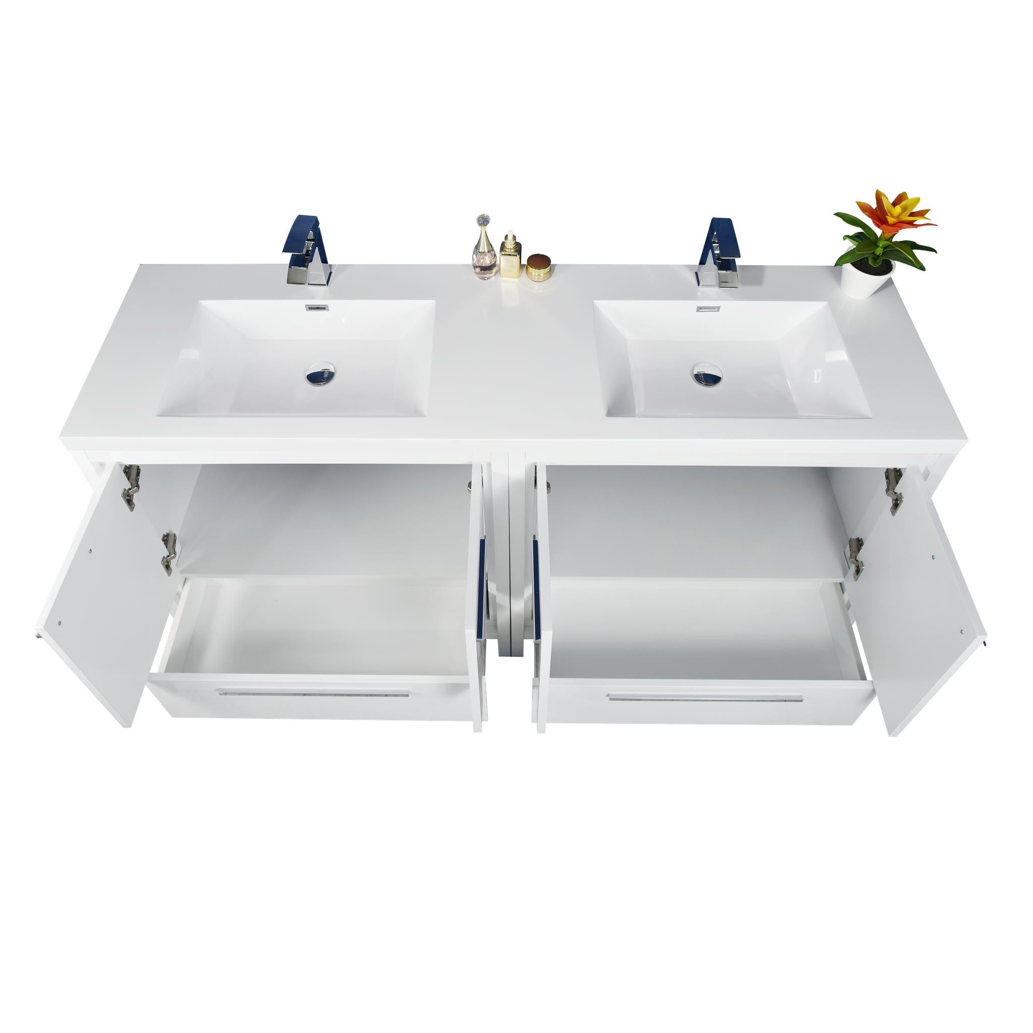 Amara 72&quot; High Gloss White Freestanding Vanity With Double Reinforced White Acrylic Sinks