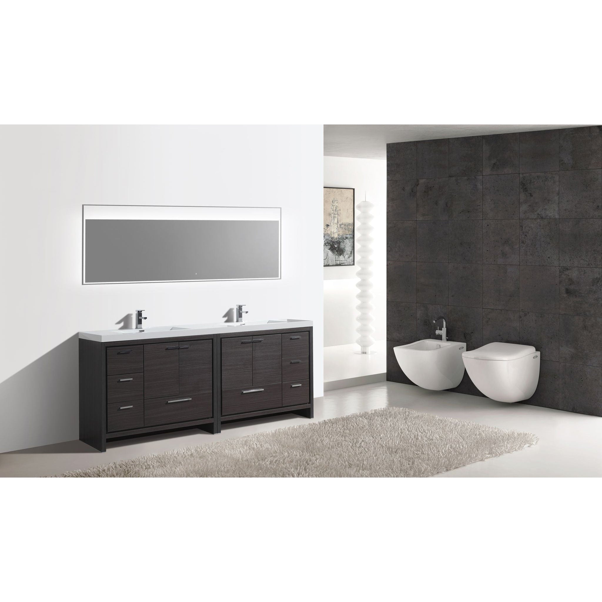 Amara 84&quot; Dark Gray Oak Freestanding Vanity With Double Reinforced White Acrylic Sinks