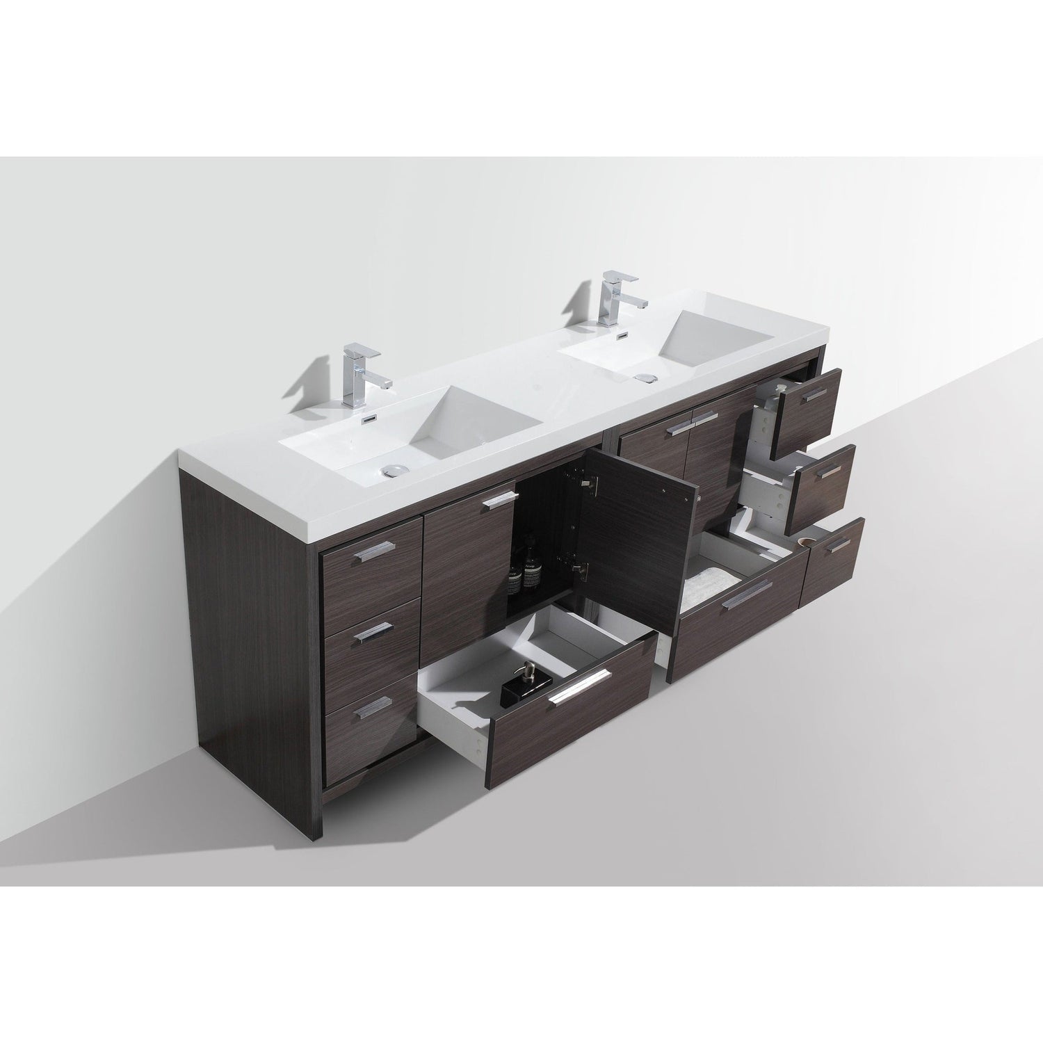 Amara 84&quot; Dark Gray Oak Freestanding Vanity With Double Reinforced White Acrylic Sinks