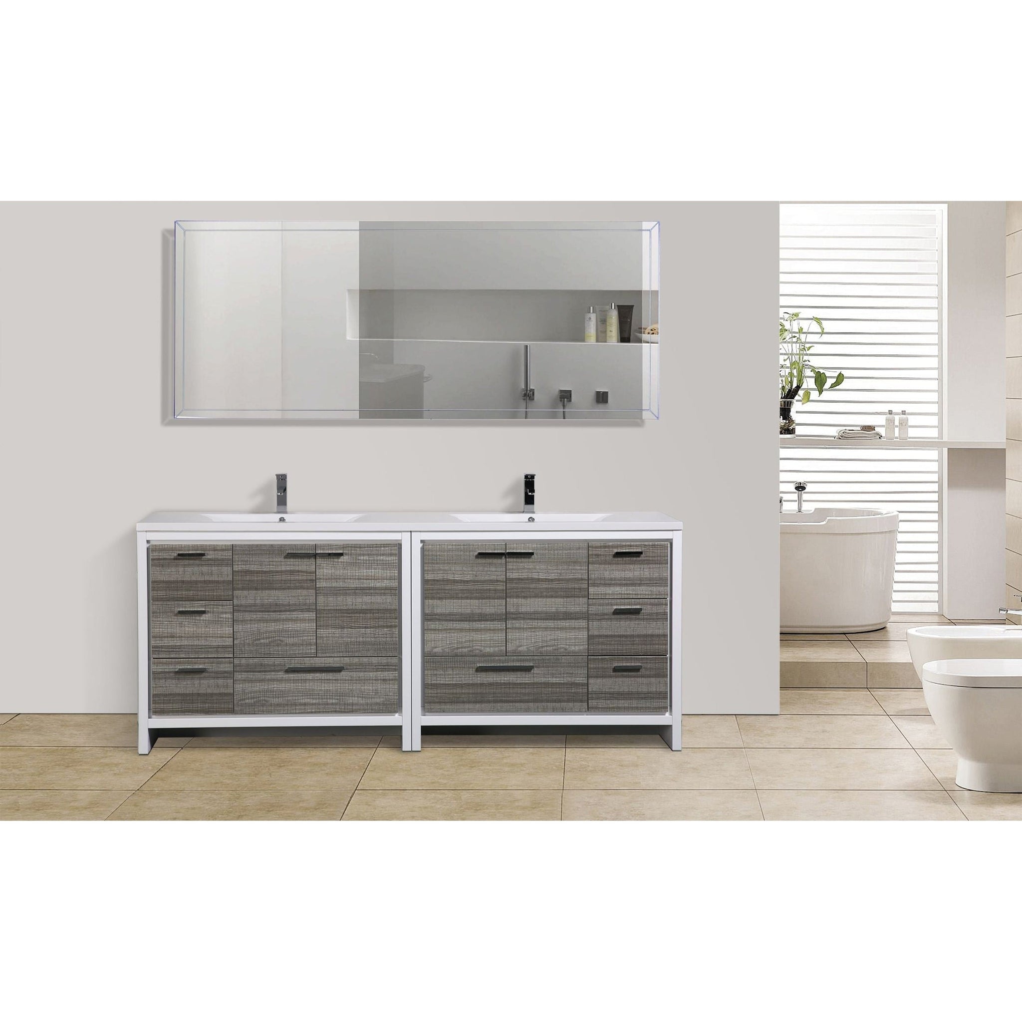 Amara 84&quot; High Gloss Ash Gray Freestanding Vanity With Double Reinforced White Acrylic Sinks