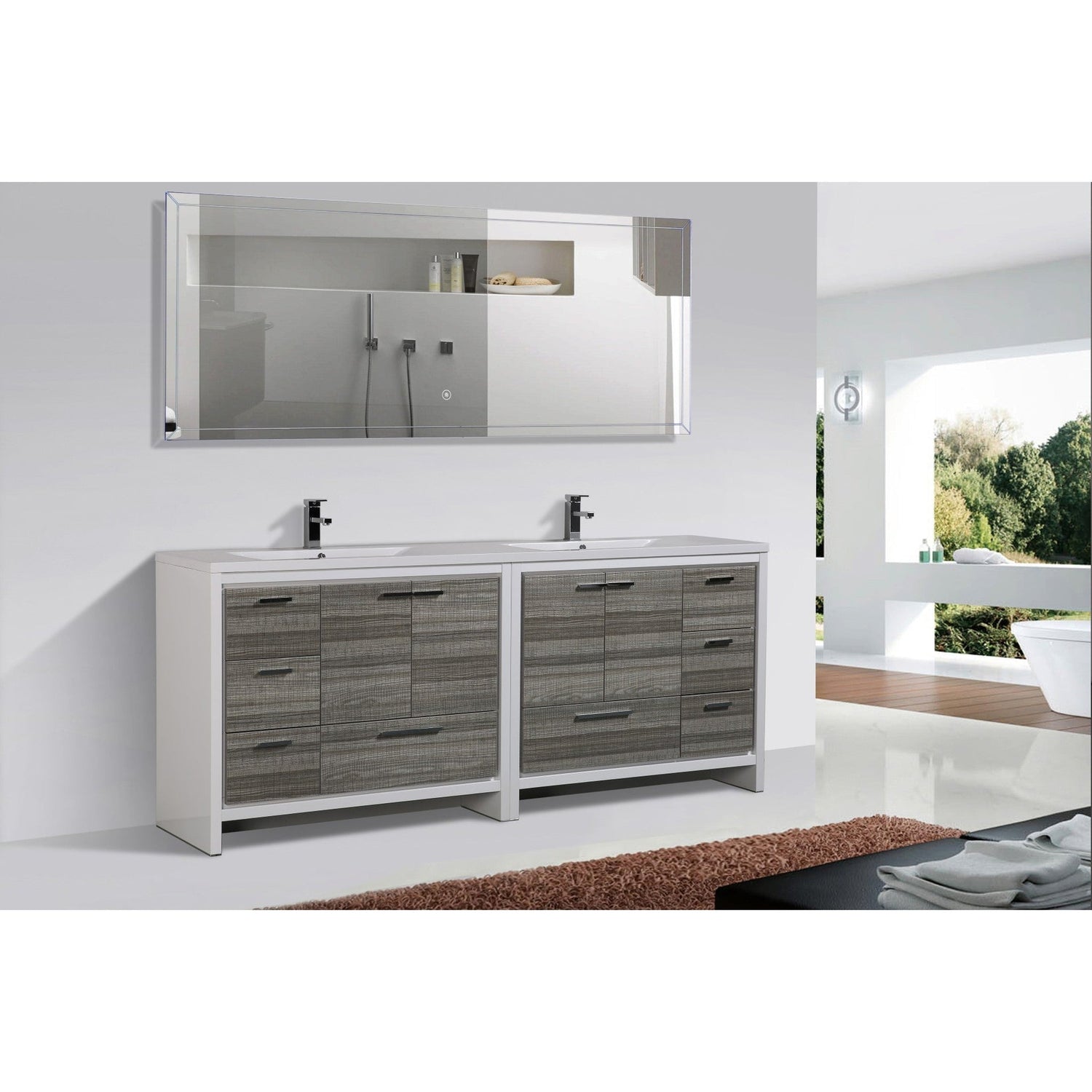 Amara 84&quot; High Gloss Ash Gray Freestanding Vanity With Double Reinforced White Acrylic Sinks