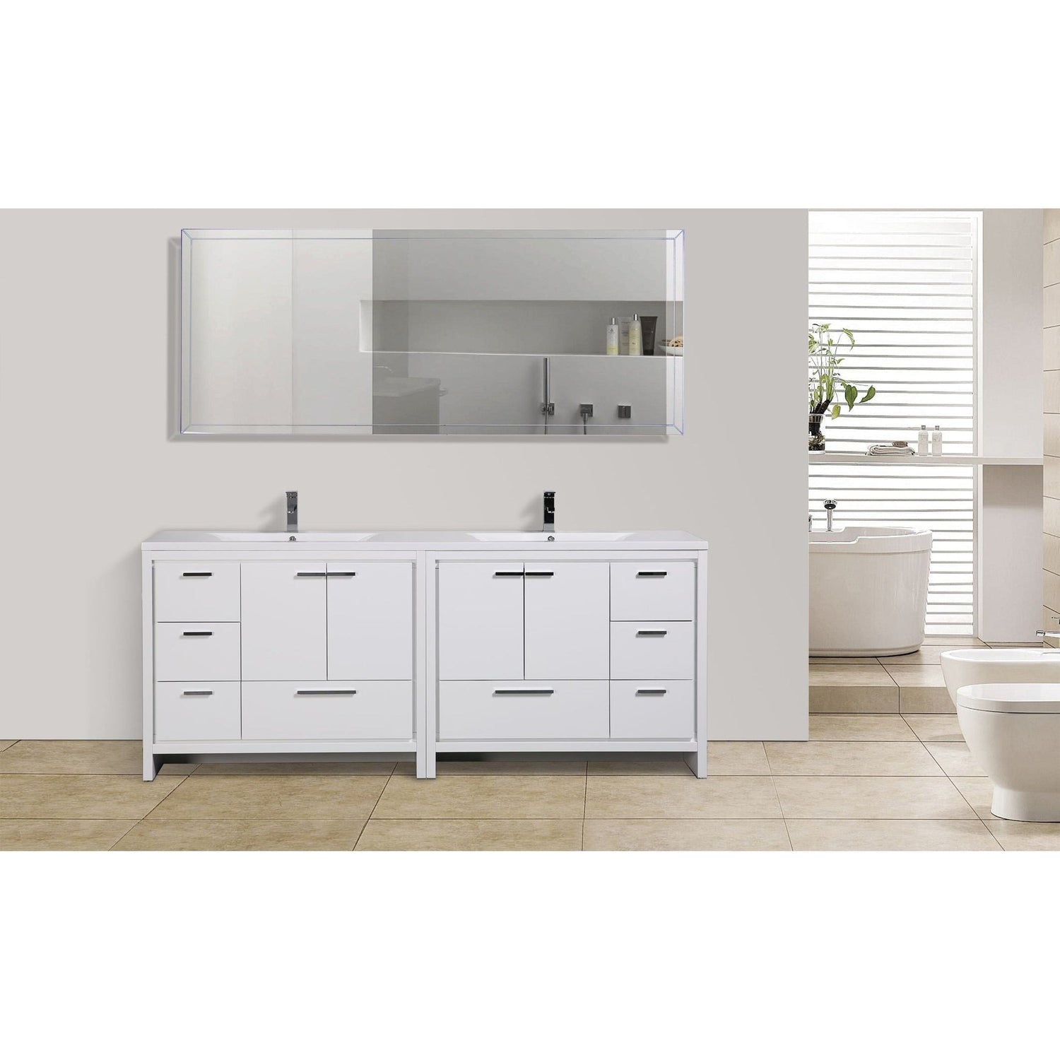 Amara 84&quot; High Gloss White Freestanding Vanity With Double Reinforced White Acrylic Sinks