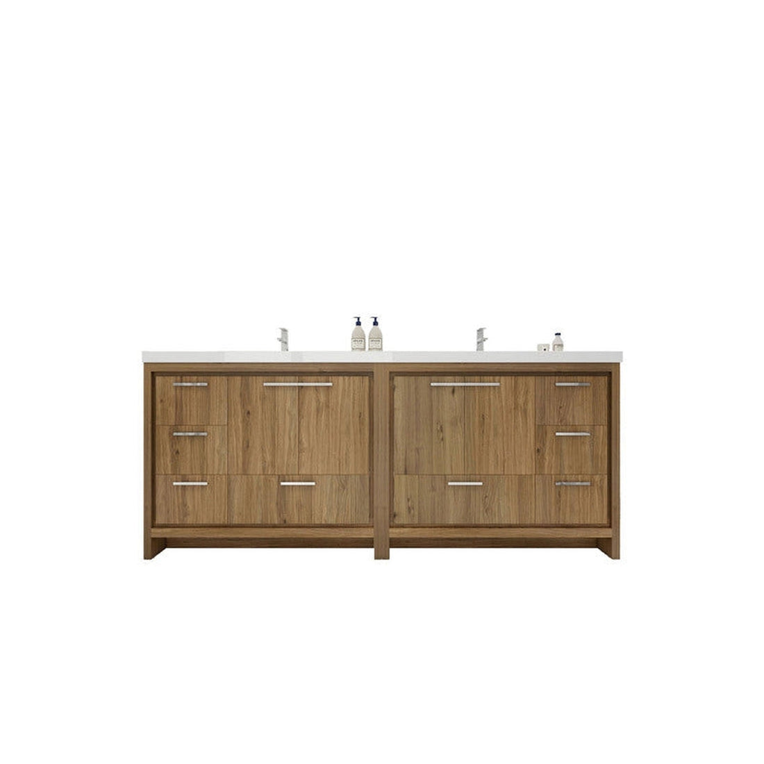 Amara 84&quot; Natural Oak Freestanding Vanity With Double Reinforced White Acrylic Sinks