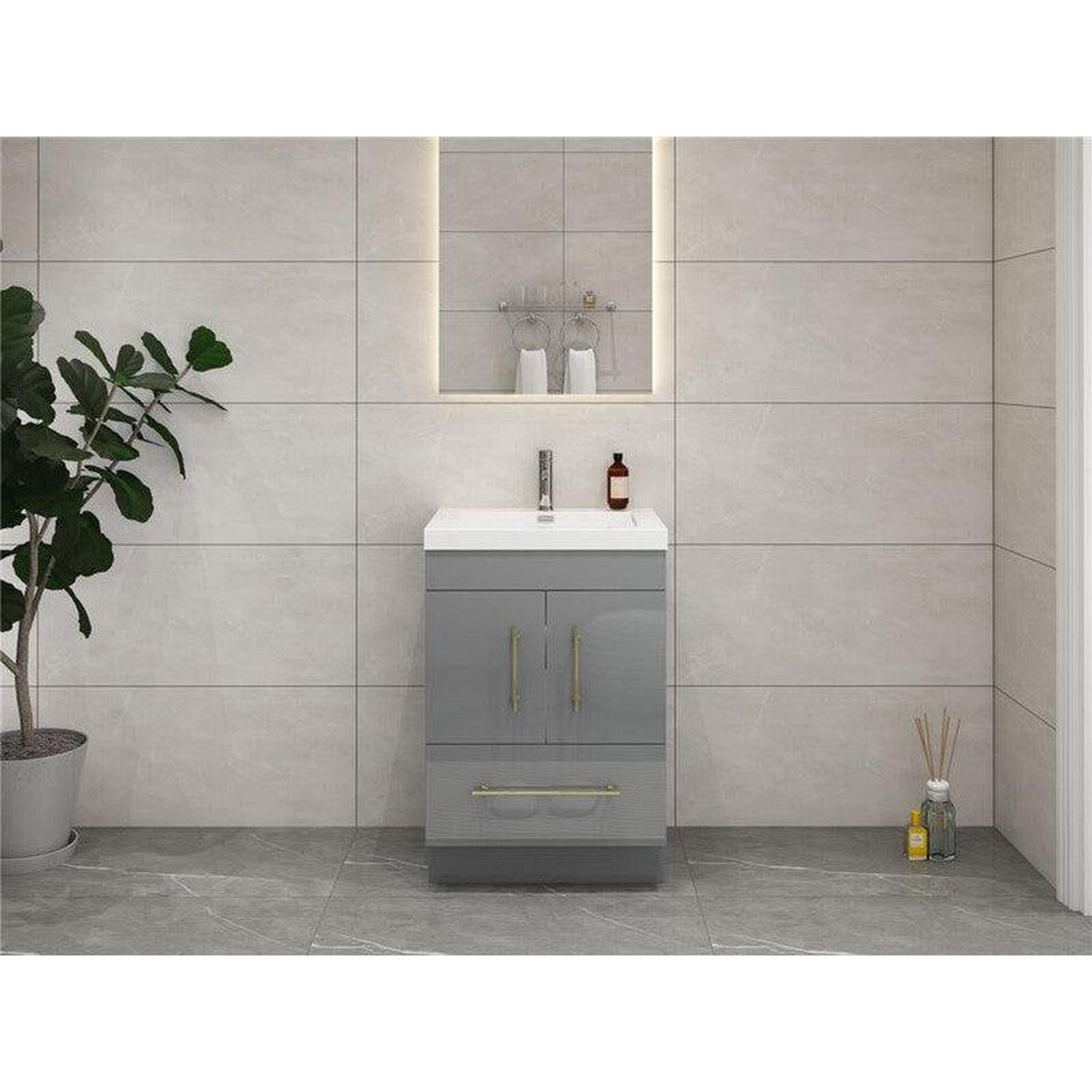 Elara 24&quot; High Gloss Gray Freestanding Vanity With Single Reinforced White Acrylic Sink