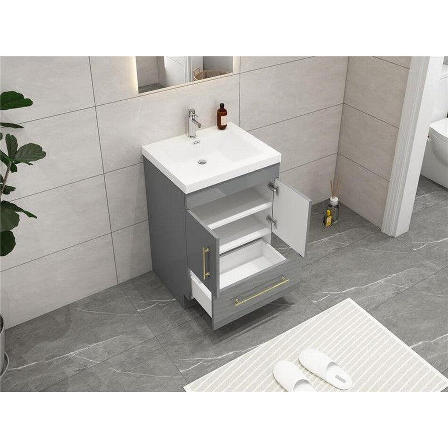 Elara 24&quot; High Gloss Gray Freestanding Vanity With Single Reinforced White Acrylic Sink