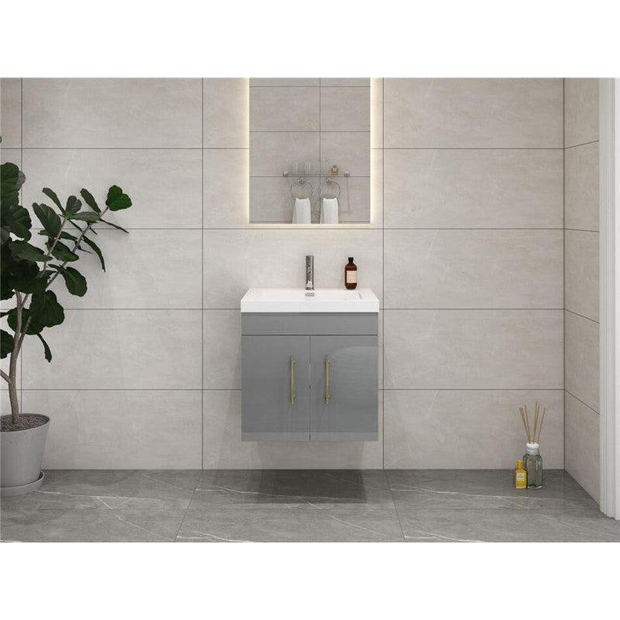 Elara 24&quot; High Gloss Gray Wall-Mounted Vanity With Single Reinforced White Acrylic Sink