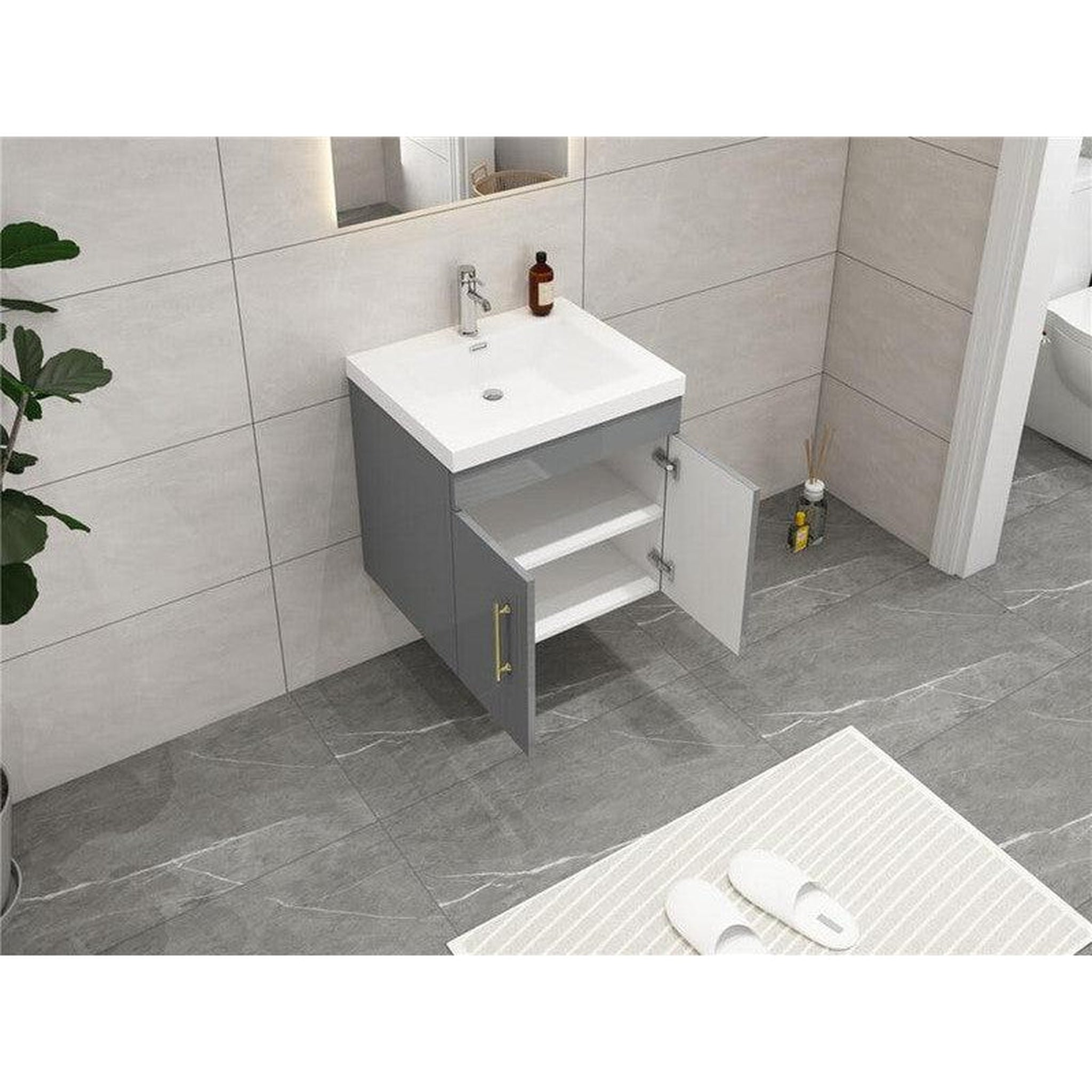 Elara 24&quot; High Gloss Gray Wall-Mounted Vanity With Single Reinforced White Acrylic Sink