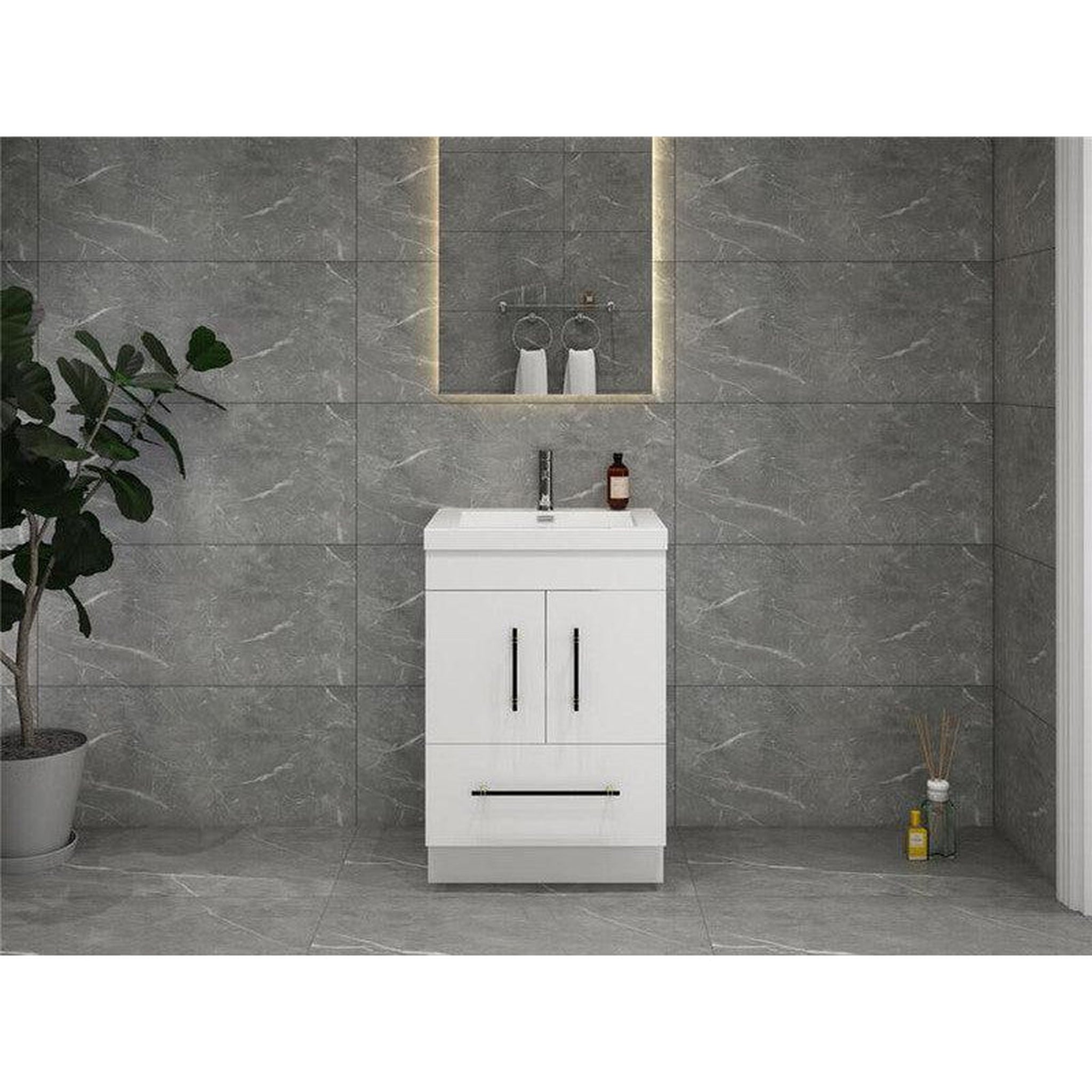 Elara 24&quot; High Gloss White Freestanding Vanity With Single Reinforced White Acrylic Sink