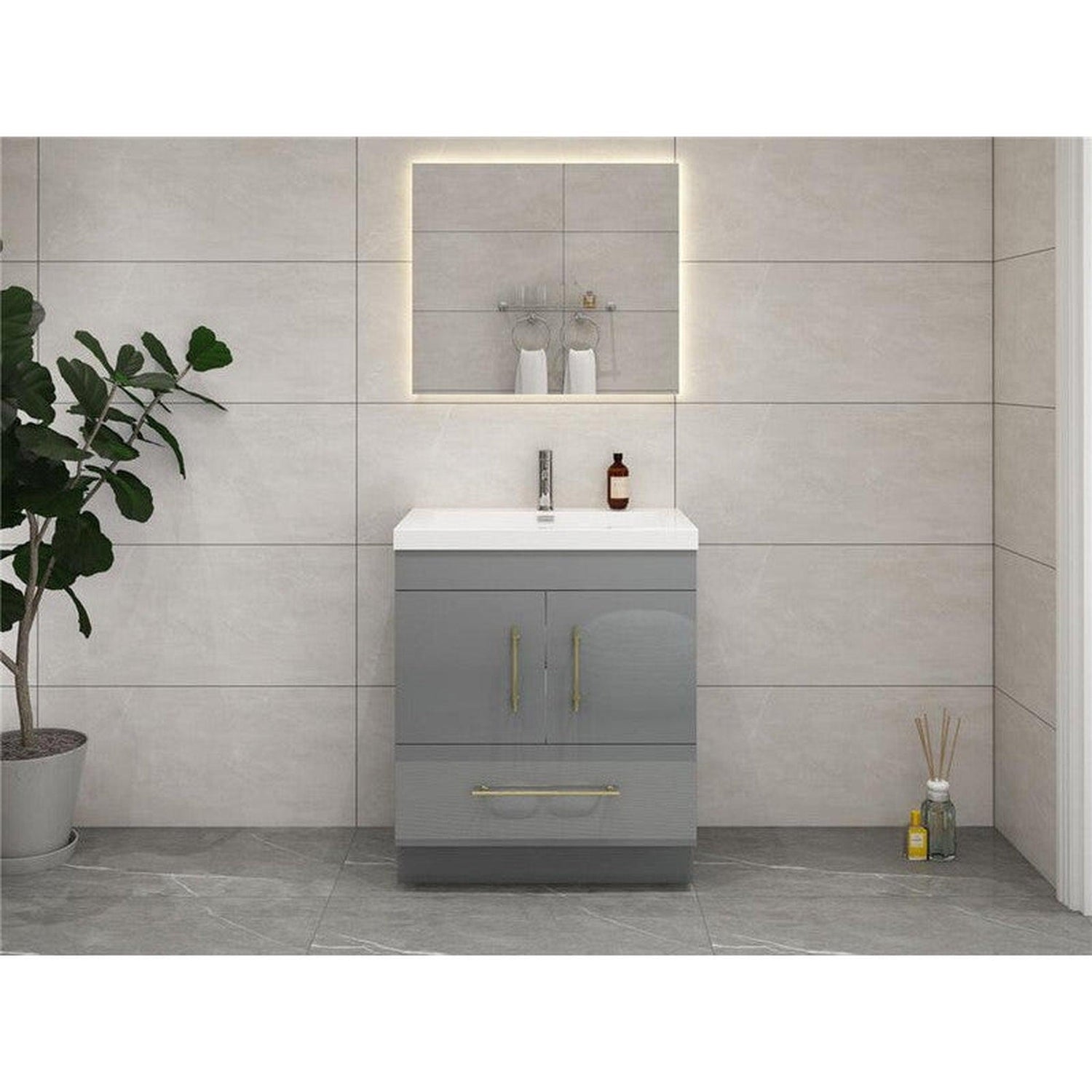 Elara 30&quot; High Gloss Gray Freestanding Vanity With Single Reinforced White Acrylic Sink