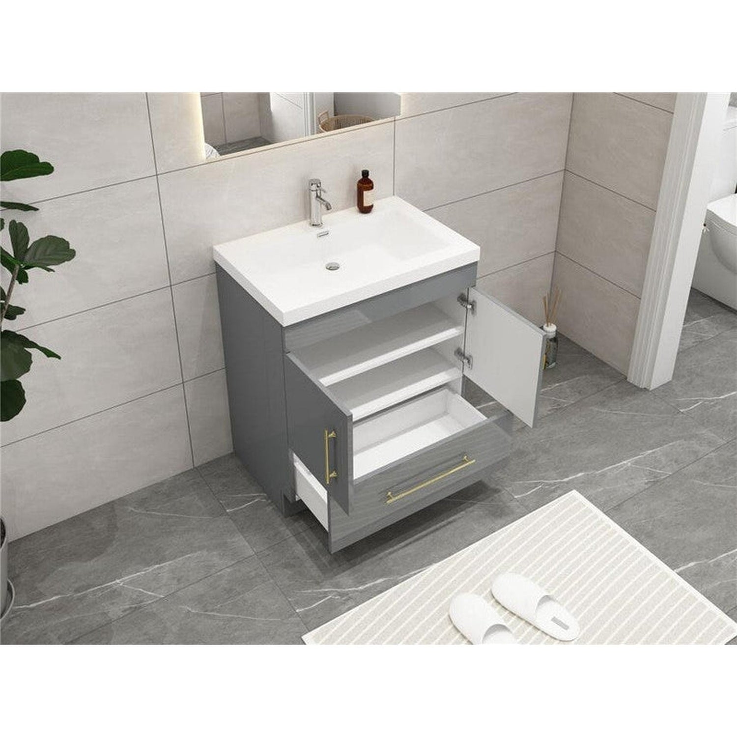 Elara 30&quot; High Gloss Gray Freestanding Vanity With Single Reinforced White Acrylic Sink