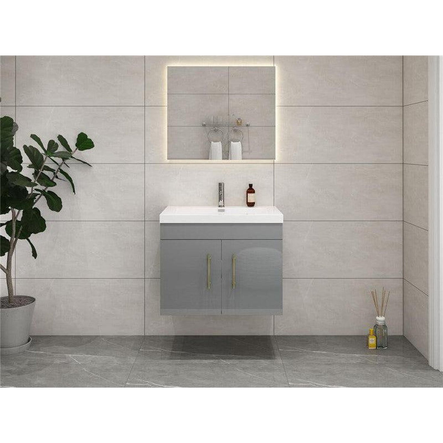 Elara 30&quot; High Gloss Gray Wall-Mounted Vanity With Single Reinforced White 16&quot; Acrylic Sink