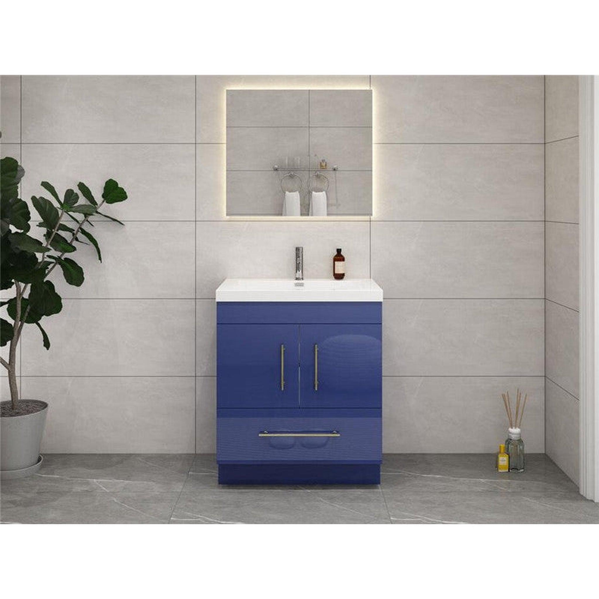 Elara 30&quot; High Gloss Night Blue Freestanding Vanity With Single Reinforced White Acrylic Sink