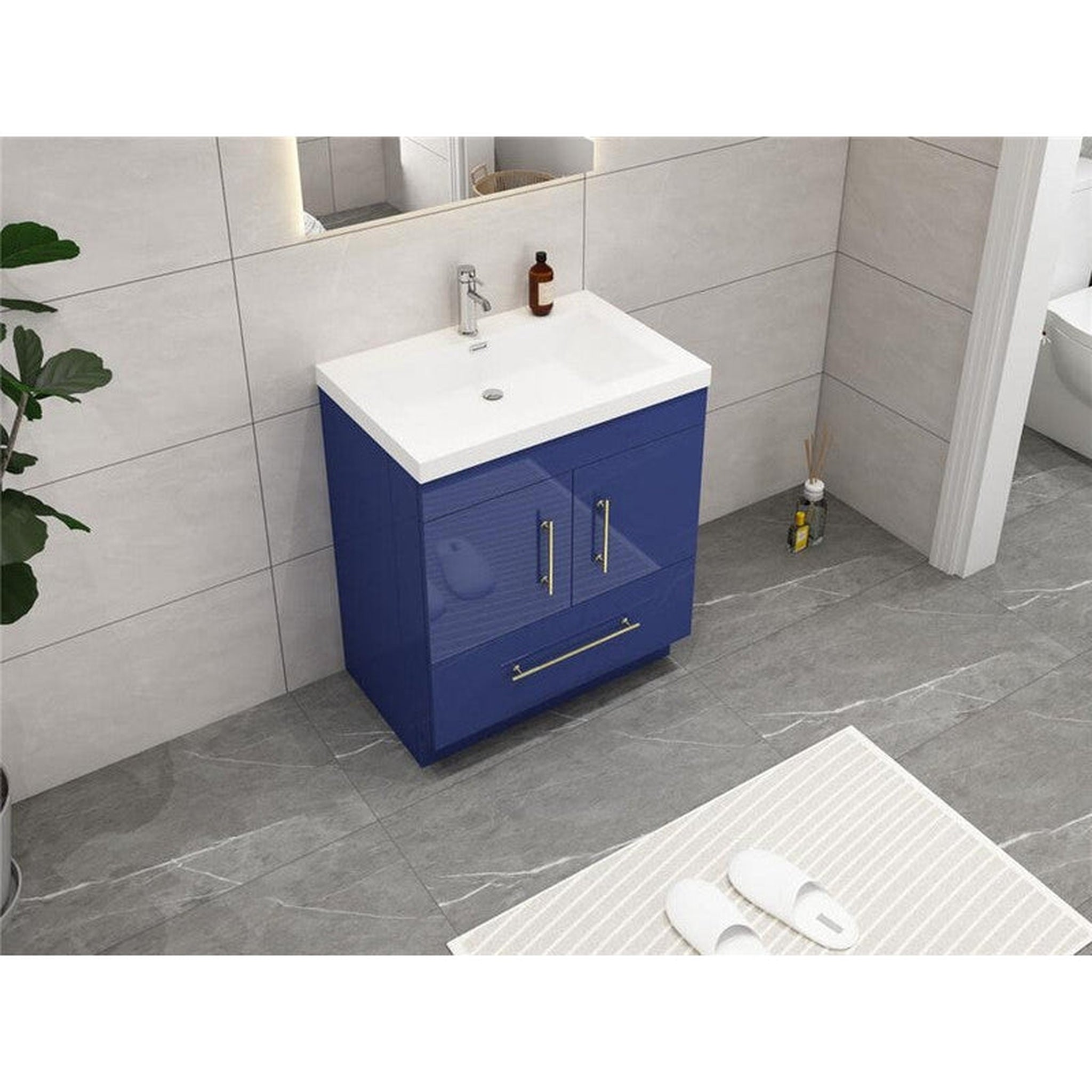 Elara 30&quot; High Gloss Night Blue Freestanding Vanity With Single Reinforced White Acrylic Sink