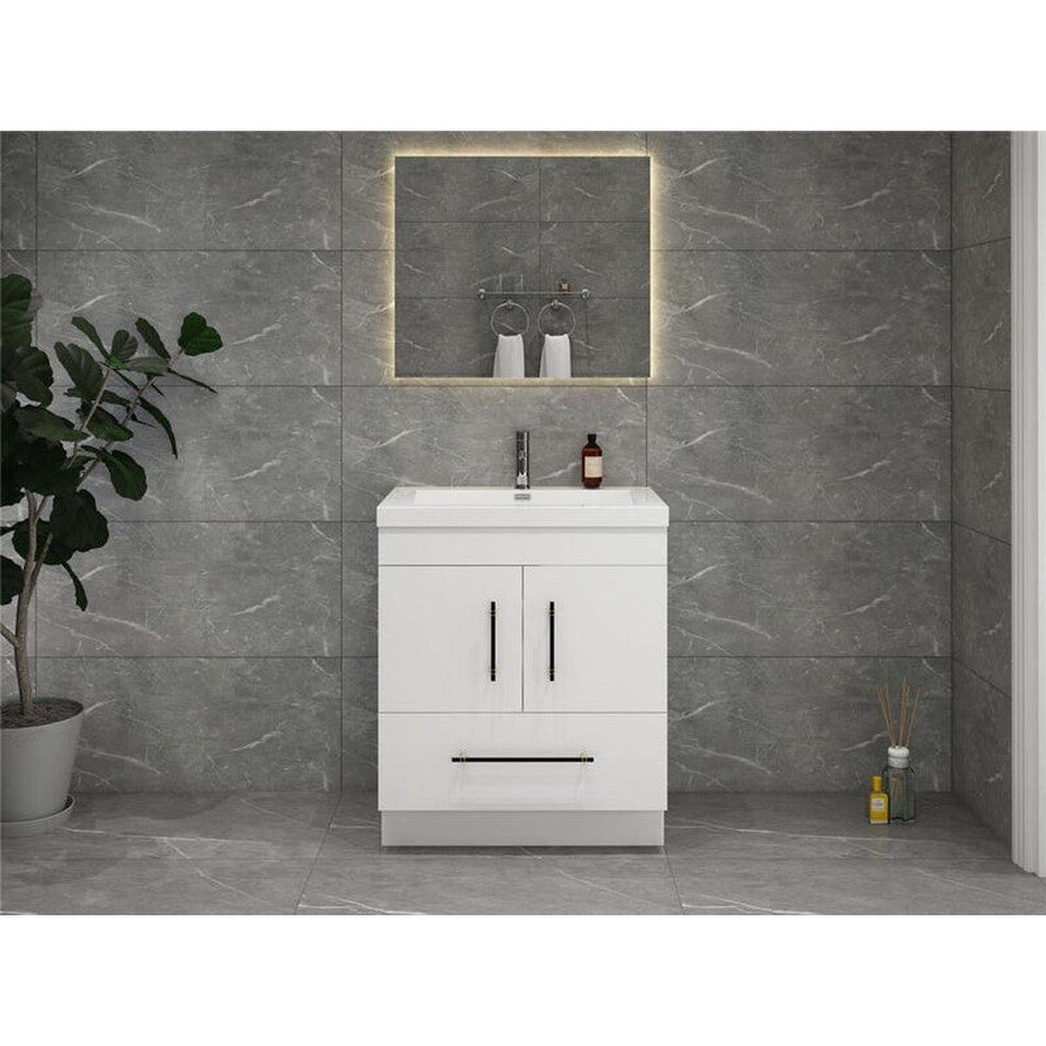 Elara 30&quot; High Gloss White Freestanding Vanity With Single Reinforced White Acrylic Sink