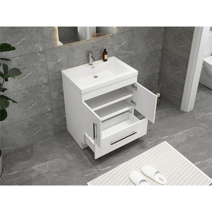 Elara 30&quot; High Gloss White Freestanding Vanity With Single Reinforced White Acrylic Sink