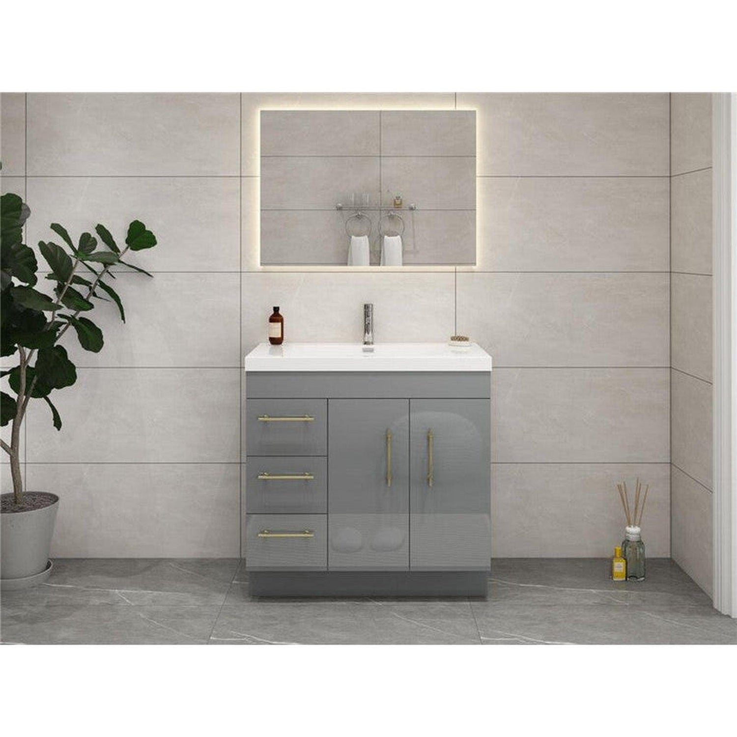 Elara 36&quot; High Gloss Gray Freestanding Vanity With Left Side Drawers and Single Reinforced White Acrylic Sink