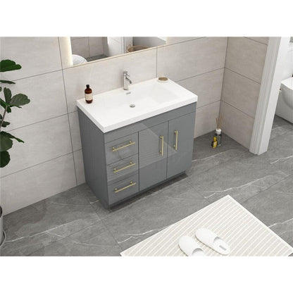 Elara 36&quot; High Gloss Gray Freestanding Vanity With Left Side Drawers and Single Reinforced White Acrylic Sink