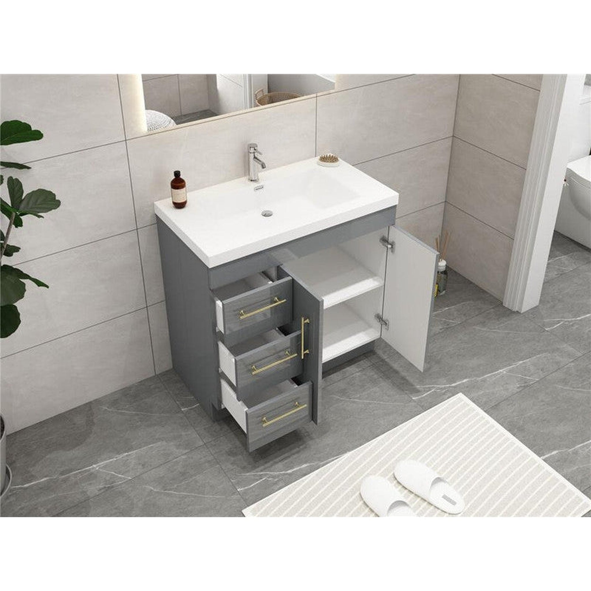 Elara 36&quot; High Gloss Gray Freestanding Vanity With Left Side Drawers and Single Reinforced White Acrylic Sink