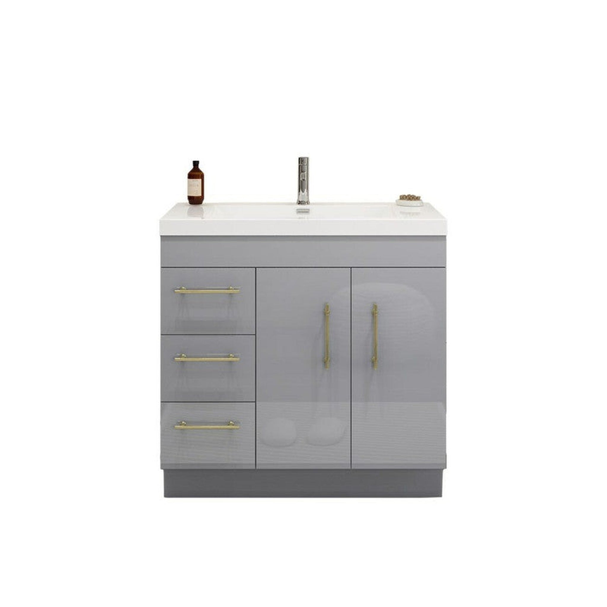 Elara 36&quot; High Gloss Gray Freestanding Vanity With Left Side Drawers and Single Reinforced White Acrylic Sink