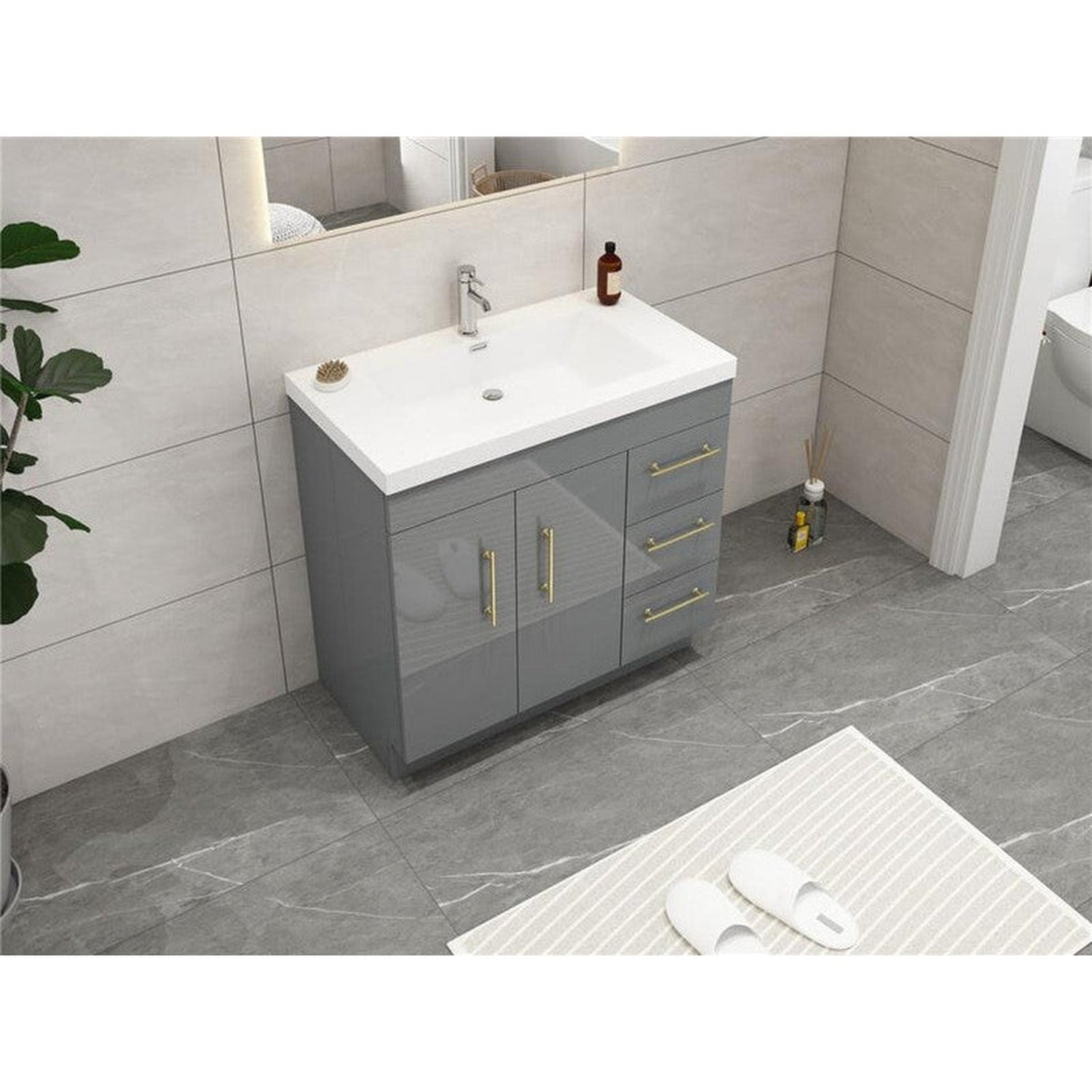 Elara 36&quot; High Gloss Gray Freestanding Vanity With Right Side Drawers and Single Reinforced White Acrylic Sink