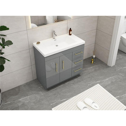 Elara 36&quot; High Gloss Gray Freestanding Vanity With Right Side Drawers and Single Reinforced White Acrylic Sink