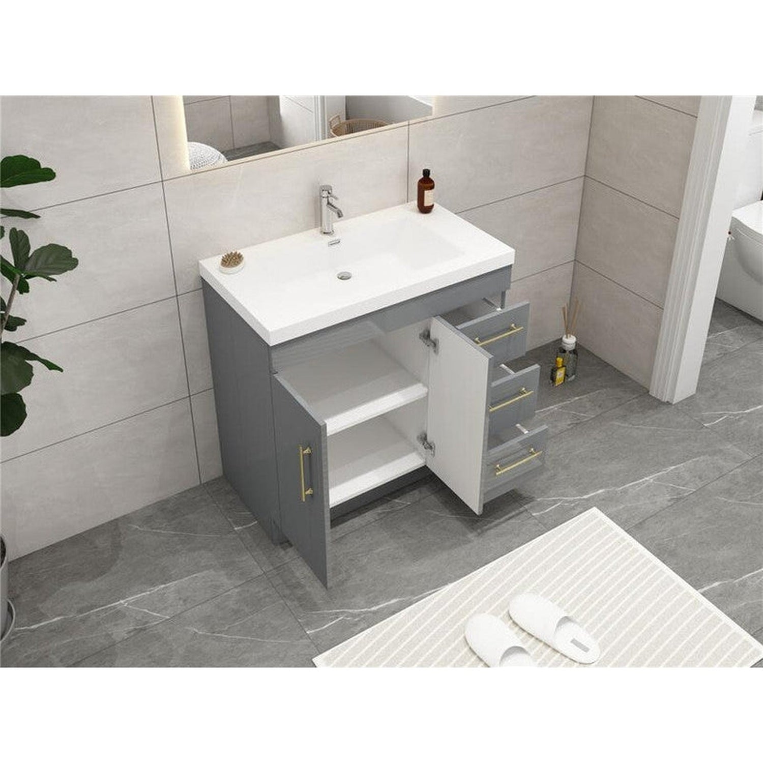 Elara 36&quot; High Gloss Gray Freestanding Vanity With Right Side Drawers and Single Reinforced White Acrylic Sink