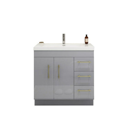 Elara 36&quot; High Gloss Gray Freestanding Vanity With Right Side Drawers and Single Reinforced White Acrylic Sink