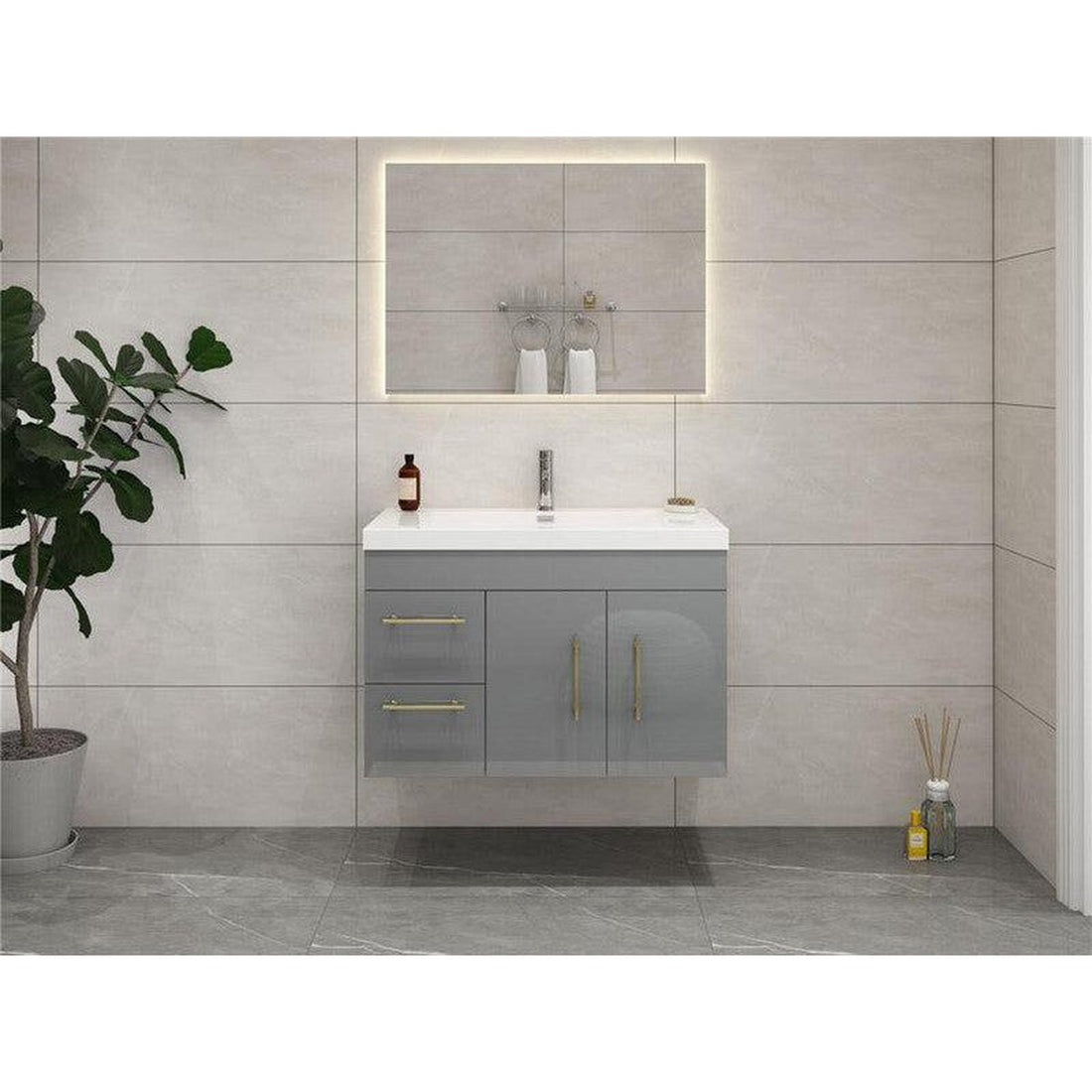 Elara 36&quot; High Gloss Gray Wall-Mounted Vanity With Left Side Drawers and Single Reinforced White Acrylic Sink