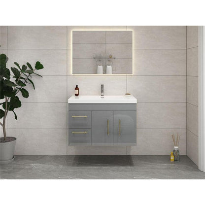 Elara 36&quot; High Gloss Gray Wall-Mounted Vanity With Left Side Drawers and Single Reinforced White Acrylic Sink