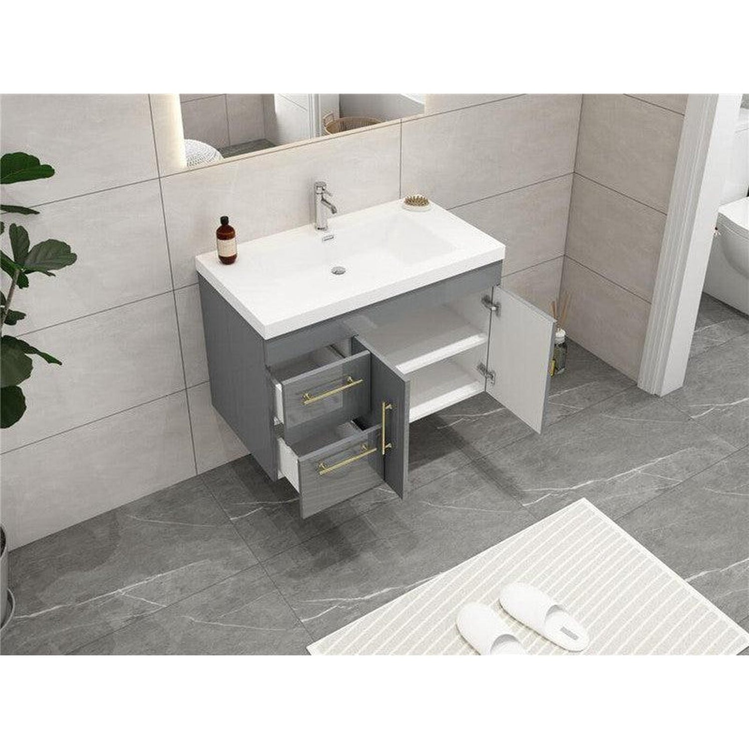 Elara 36&quot; High Gloss Gray Wall-Mounted Vanity With Left Side Drawers and Single Reinforced White Acrylic Sink