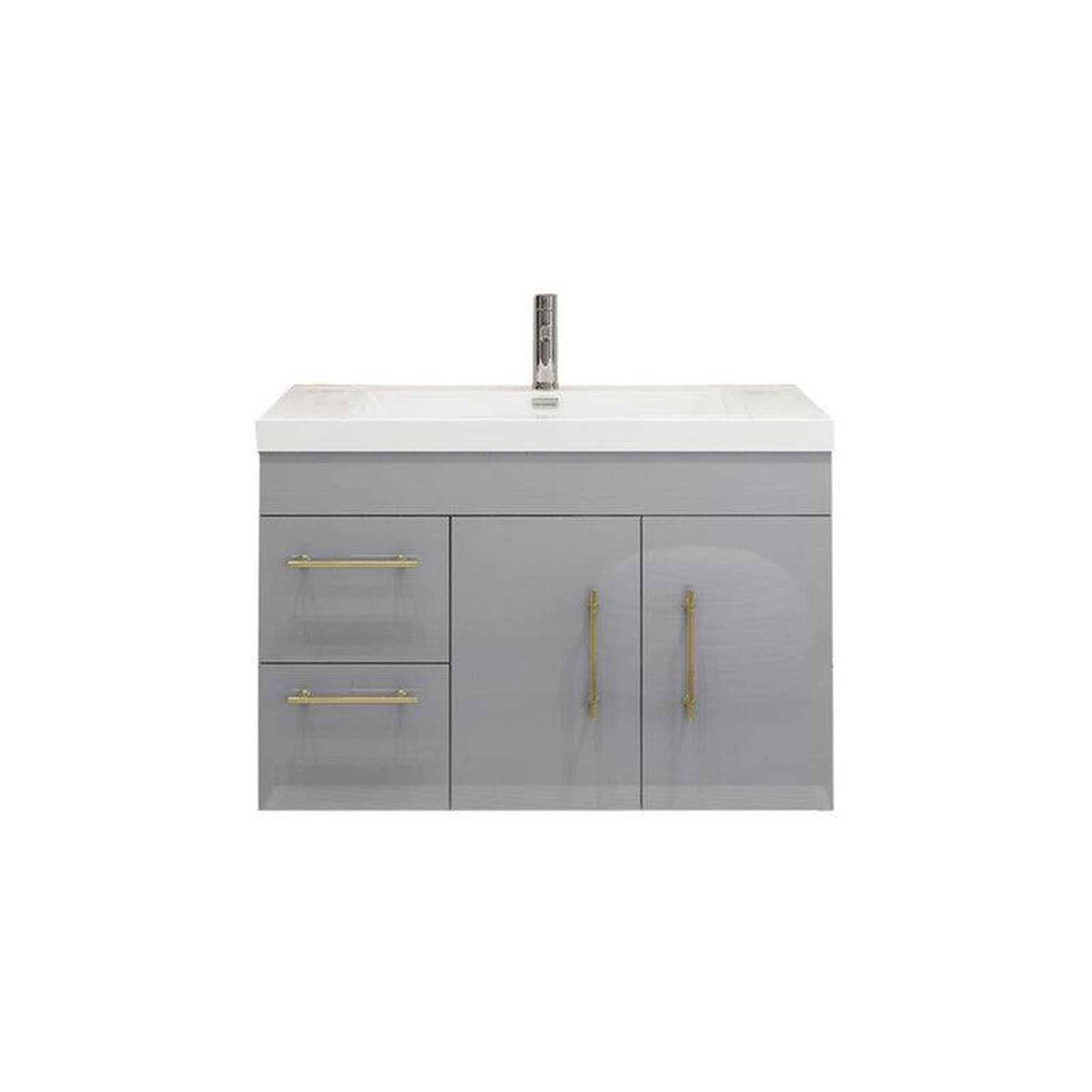 Elara 36&quot; High Gloss Gray Wall-Mounted Vanity With Left Side Drawers and Single Reinforced White Acrylic Sink