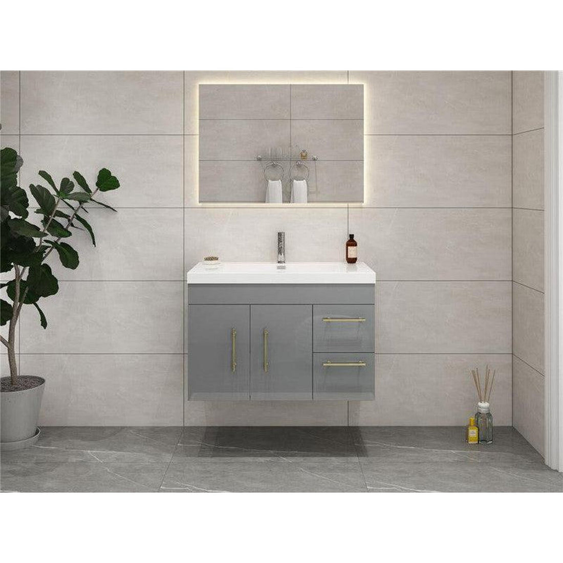 Elara 36&quot; High Gloss Gray Wall-Mounted Vanity With Right Side Drawers and Single Reinforced White Acrylic Sink