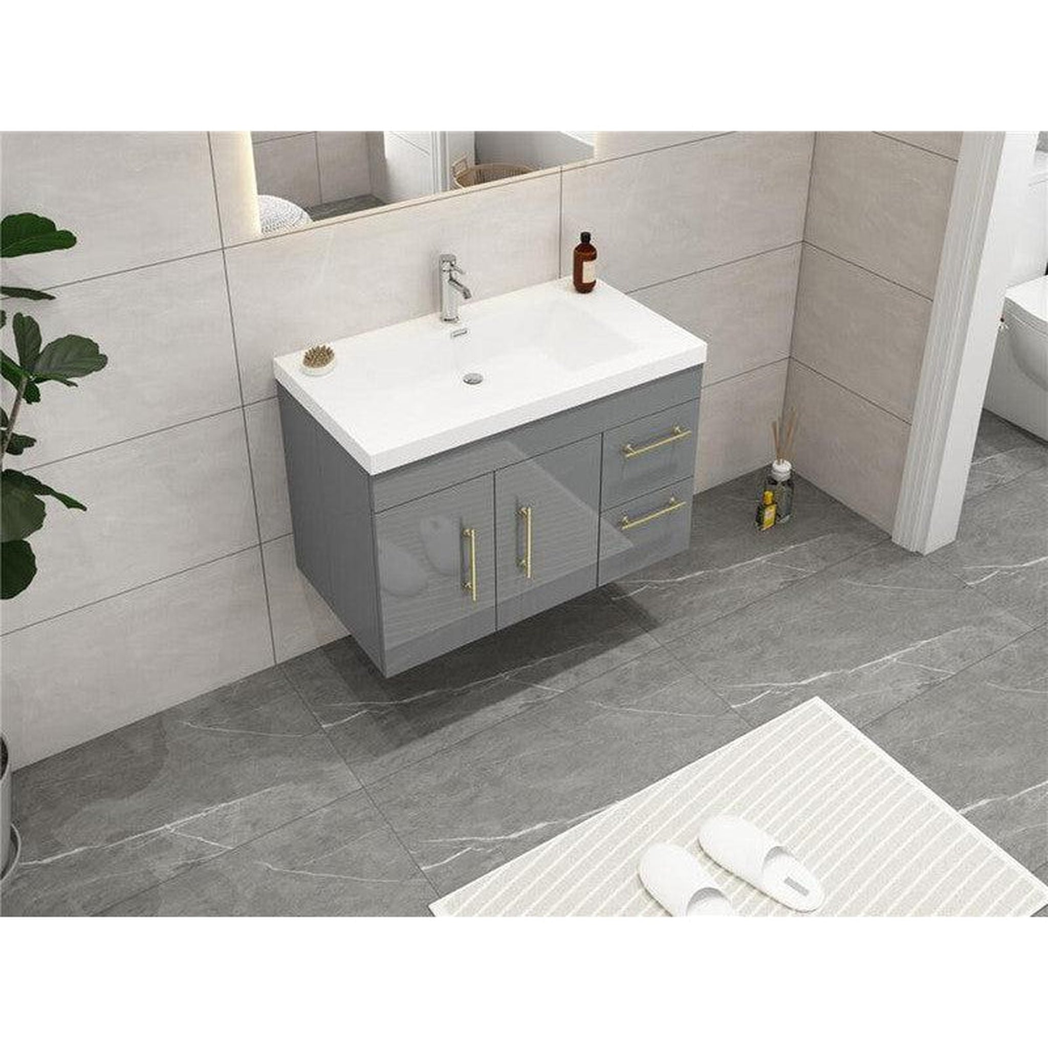 Elara 36&quot; High Gloss Gray Wall-Mounted Vanity With Right Side Drawers and Single Reinforced White Acrylic Sink