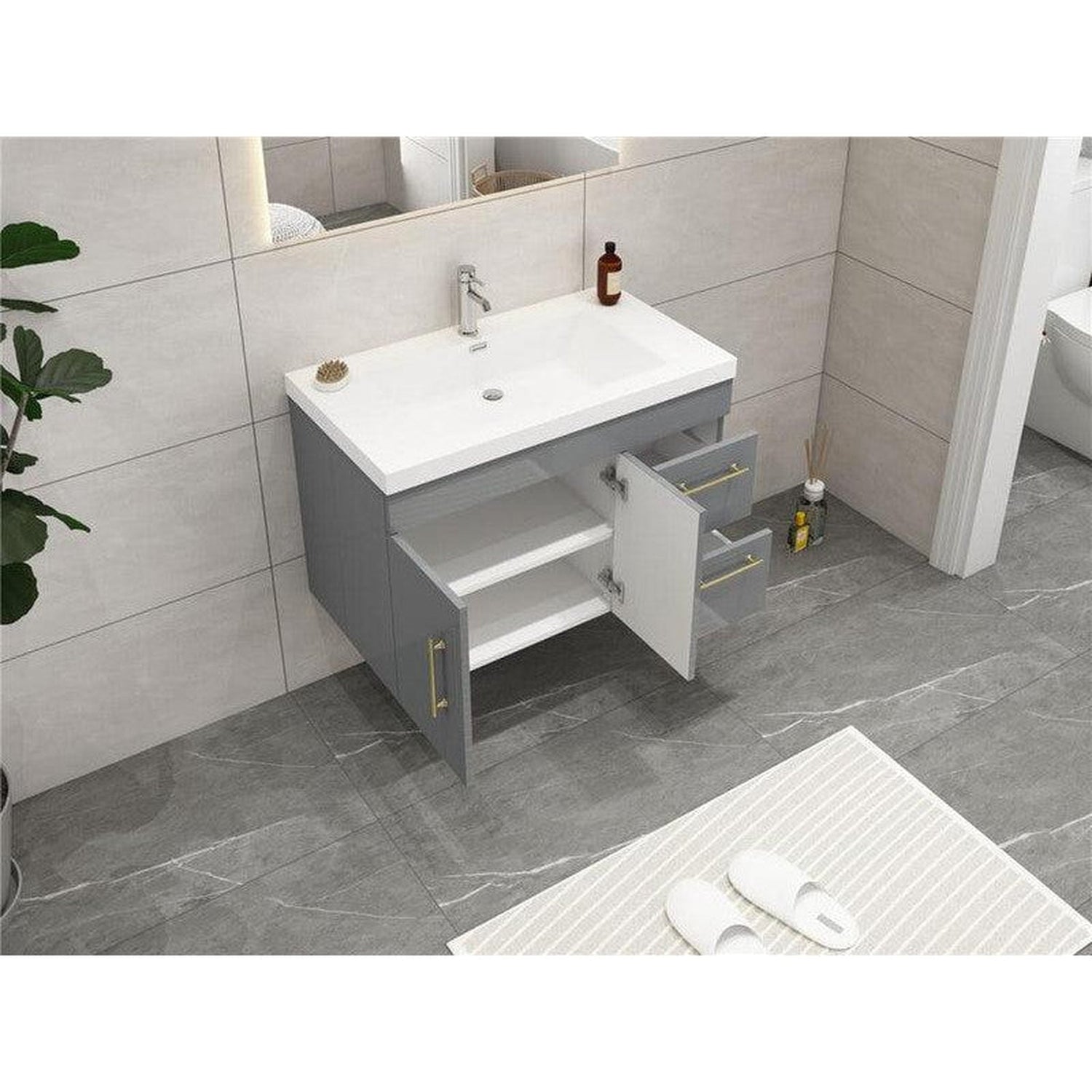 Elara 36&quot; High Gloss Gray Wall-Mounted Vanity With Right Side Drawers and Single Reinforced White Acrylic Sink