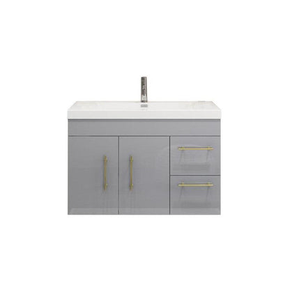 Elara 36&quot; High Gloss Gray Wall-Mounted Vanity With Right Side Drawers and Single Reinforced White Acrylic Sink