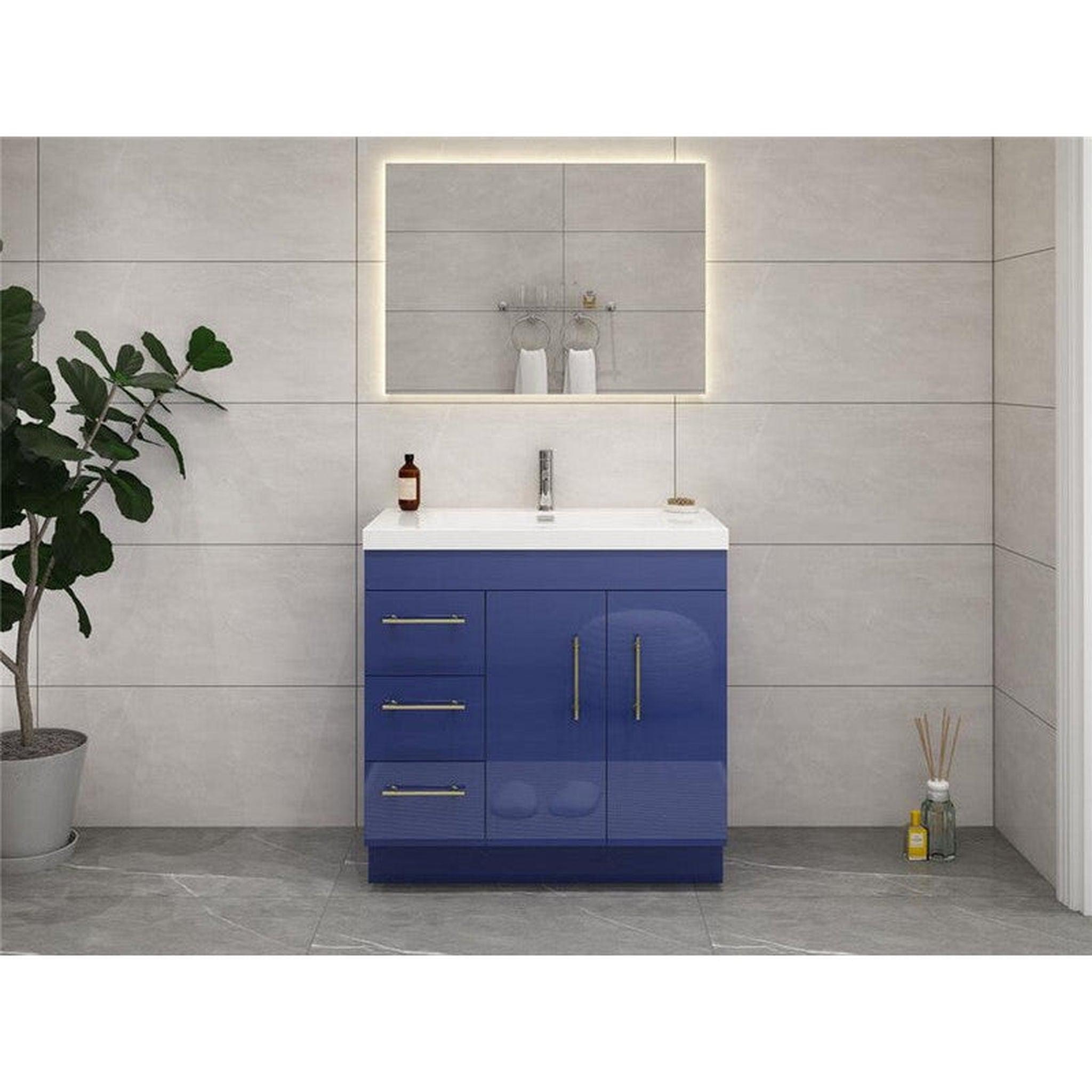 Elara 36&quot; High Gloss Night Blue Freestanding Vanity With Left Side Drawers and Single Reinforced White Acrylic Sink