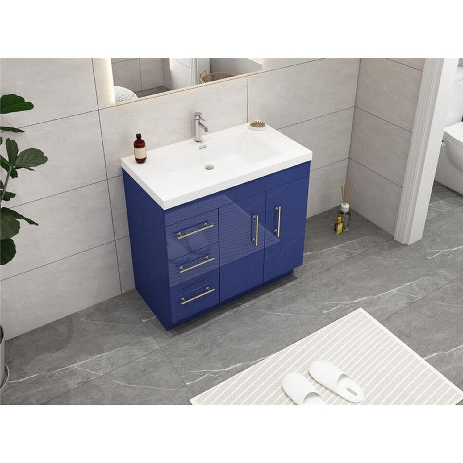 Elara 36&quot; High Gloss Night Blue Freestanding Vanity With Left Side Drawers and Single Reinforced White Acrylic Sink