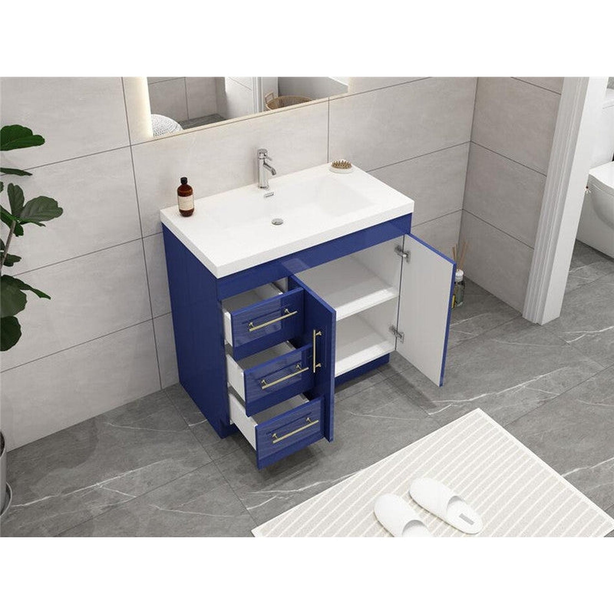 Elara 36&quot; High Gloss Night Blue Freestanding Vanity With Left Side Drawers and Single Reinforced White Acrylic Sink