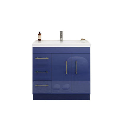 Elara 36&quot; High Gloss Night Blue Freestanding Vanity With Left Side Drawers and Single Reinforced White Acrylic Sink