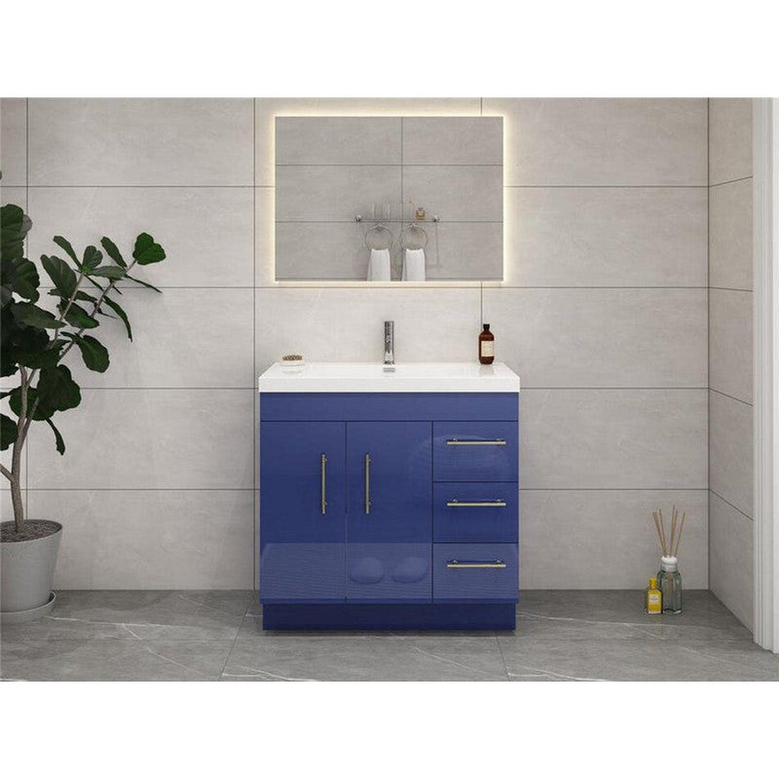 Elara 36&quot; High Gloss Night Blue Freestanding Vanity With Right Side Drawers and Single Reinforced White Acrylic Sink