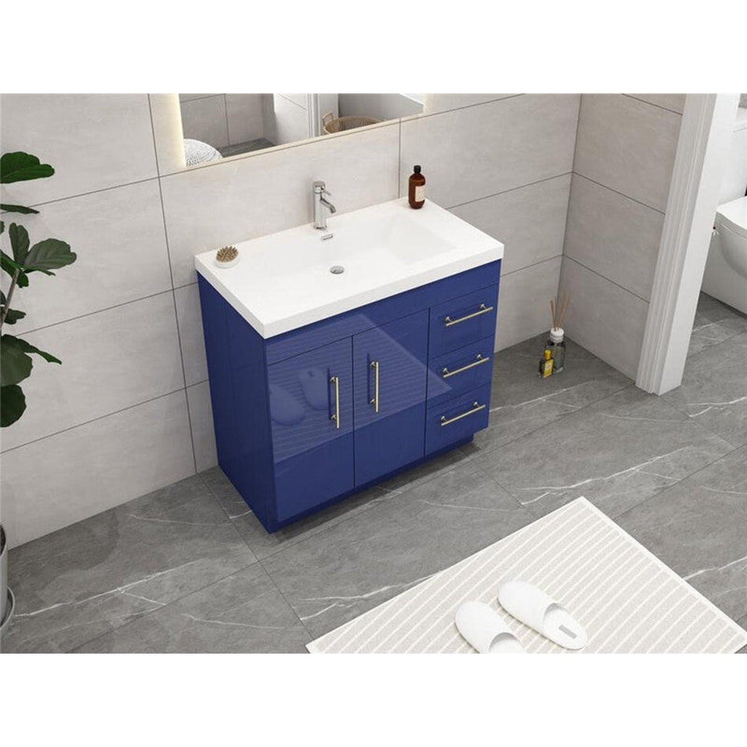 Elara 36&quot; High Gloss Night Blue Freestanding Vanity With Right Side Drawers and Single Reinforced White Acrylic Sink