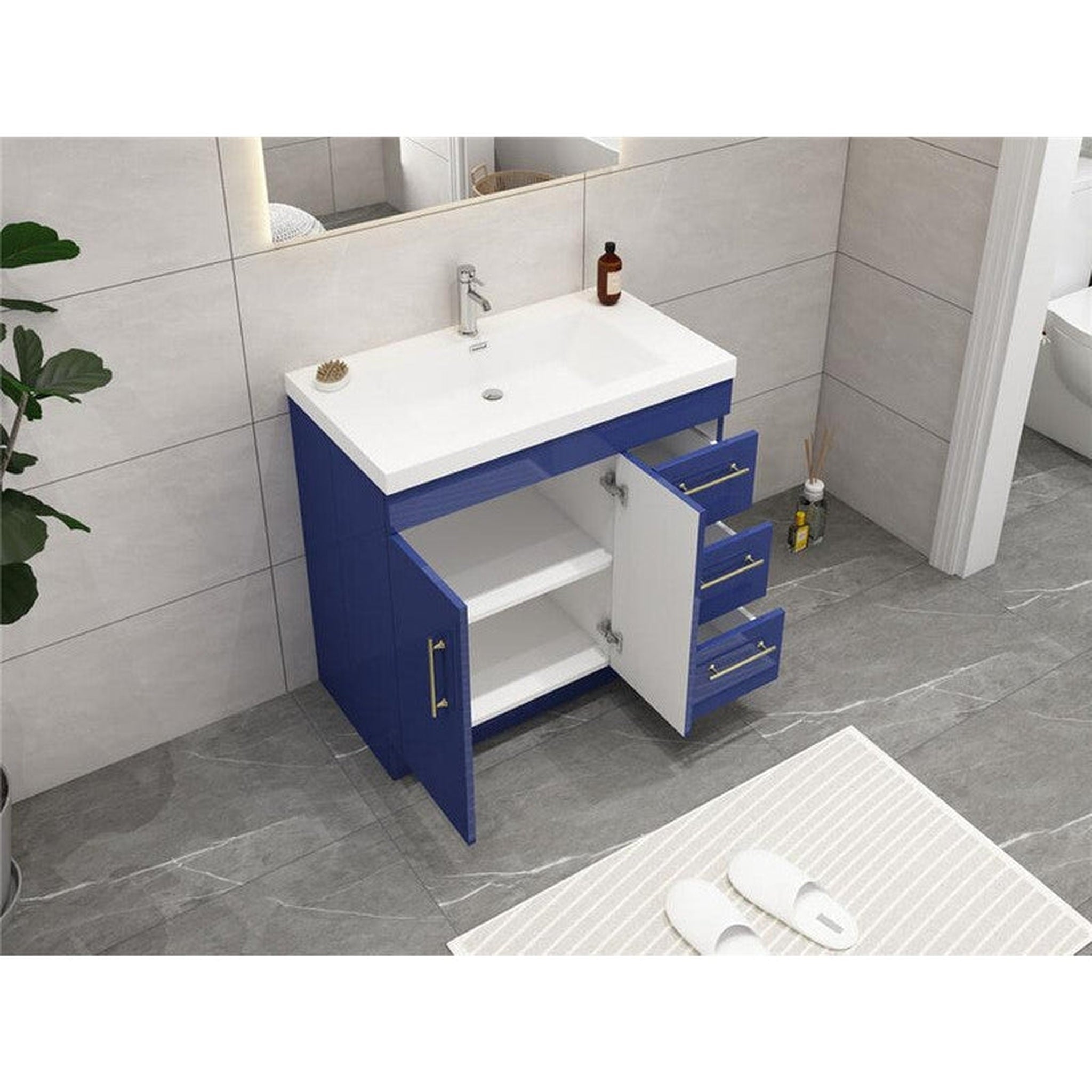 Elara 36&quot; High Gloss Night Blue Freestanding Vanity With Right Side Drawers and Single Reinforced White Acrylic Sink