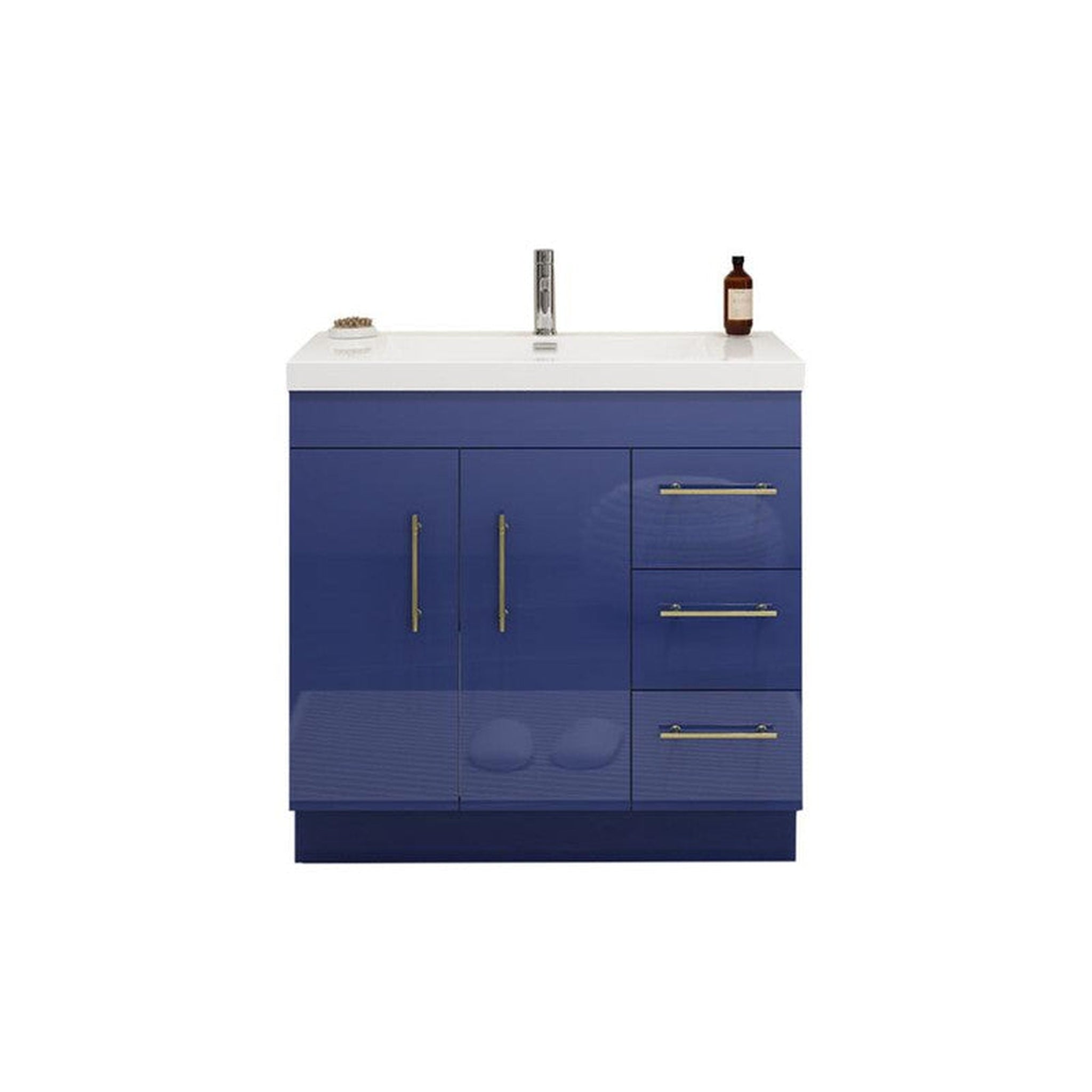 Elara 36&quot; High Gloss Night Blue Freestanding Vanity With Right Side Drawers and Single Reinforced White Acrylic Sink