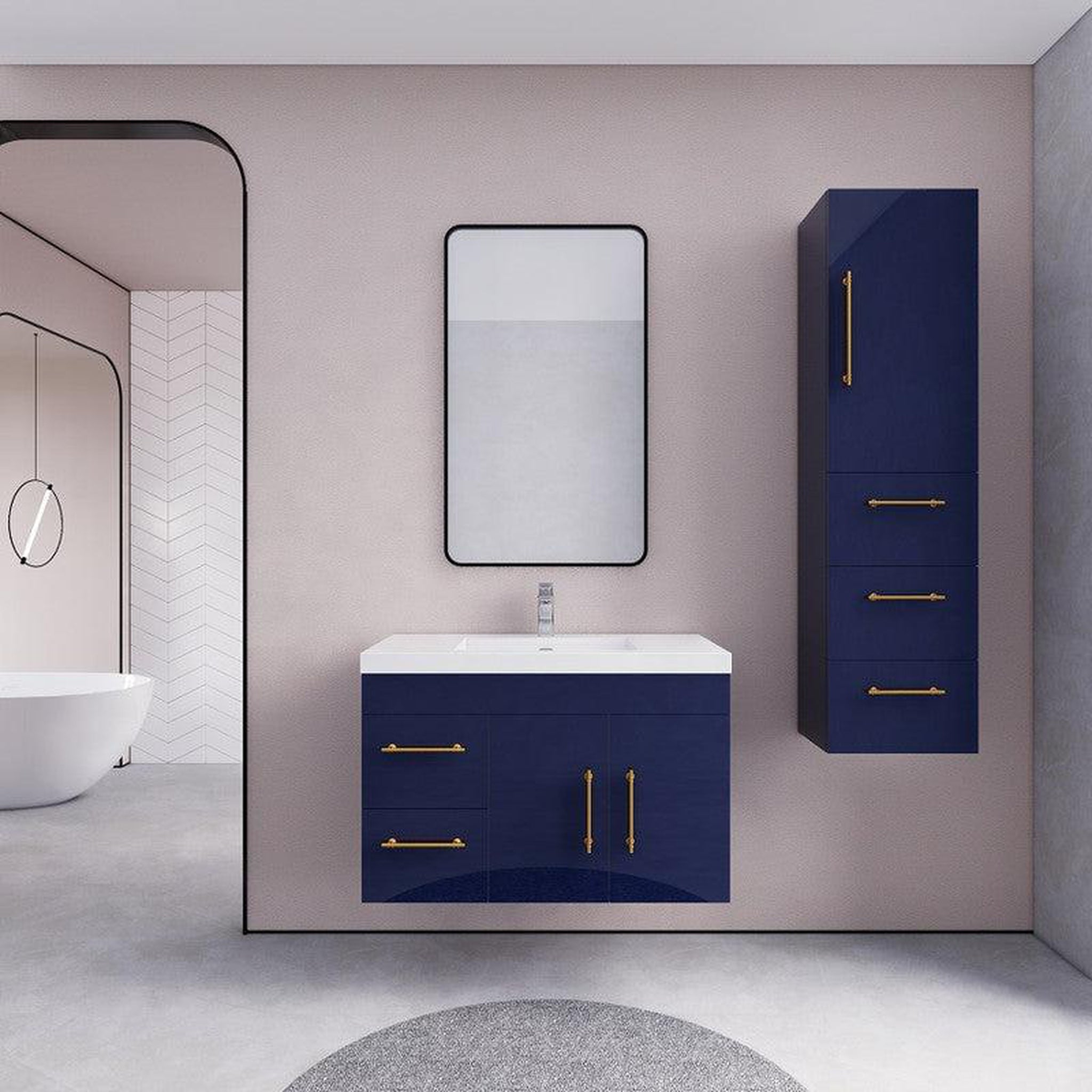 Elara 36&quot; High Gloss Night Blue Wall-Mounted Vanity With Left Side Drawers and Single Reinforced White Acrylic Sink