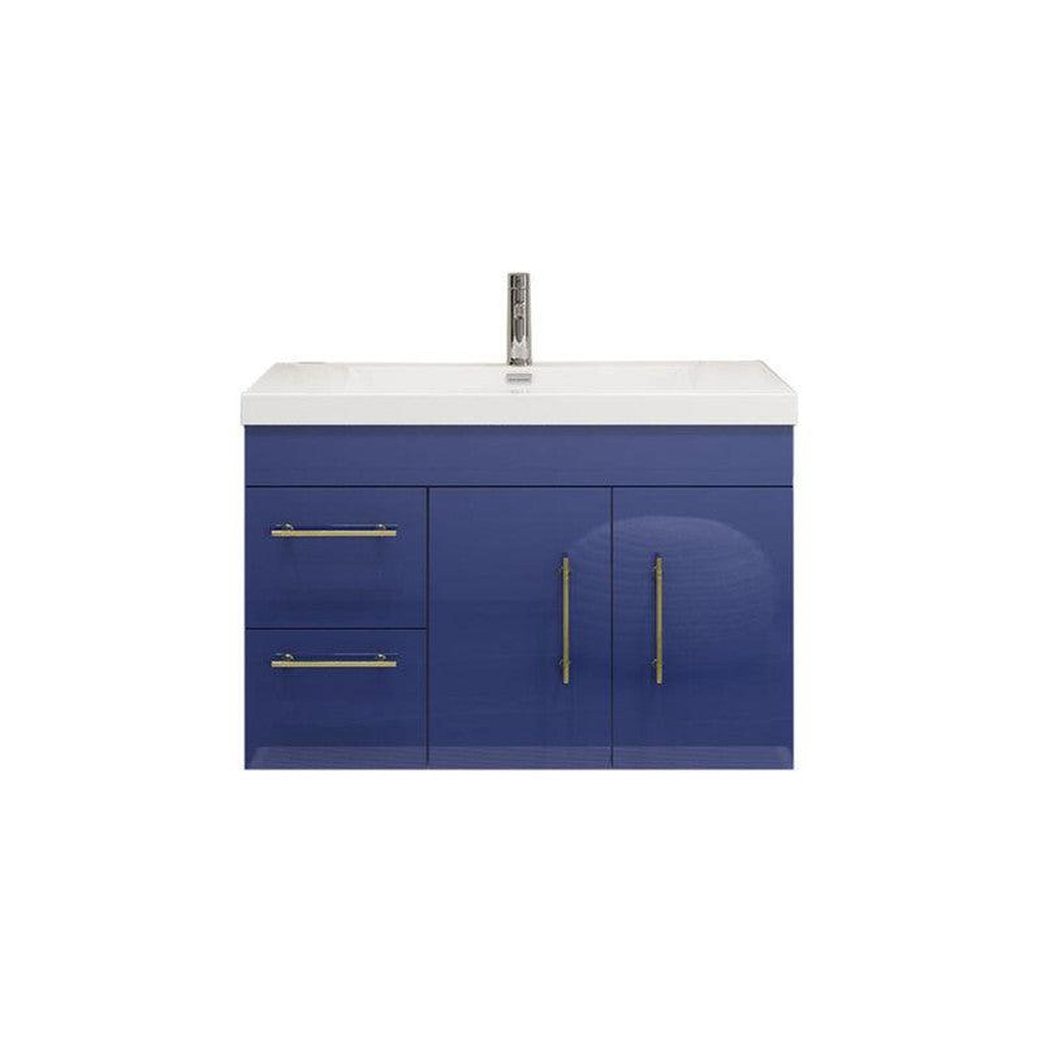 Elara 36&quot; High Gloss Night Blue Wall-Mounted Vanity With Left Side Drawers and Single Reinforced White Acrylic Sink